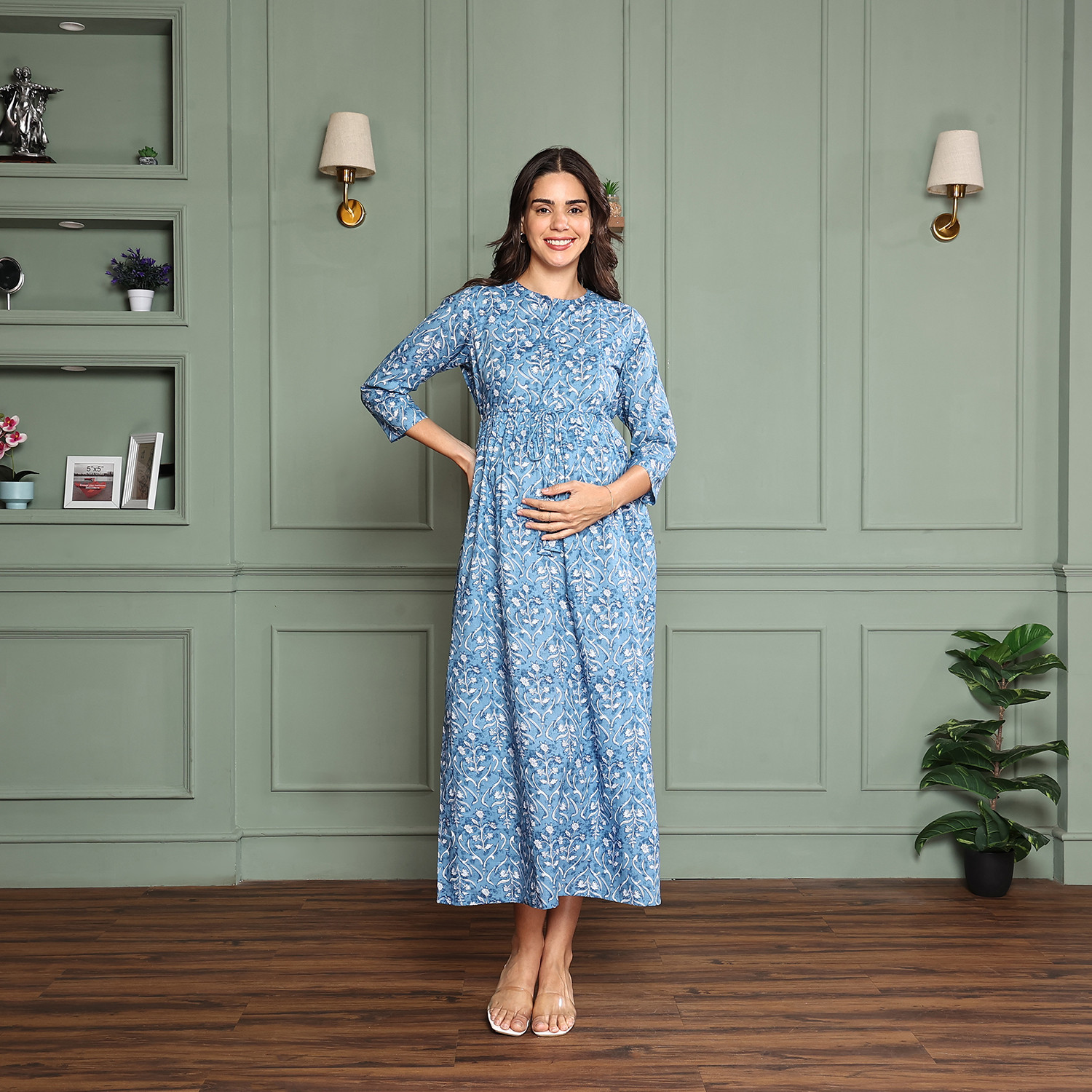 Image of MomToBe Women Fit and Flare Blue Midi /Calf Length Dress