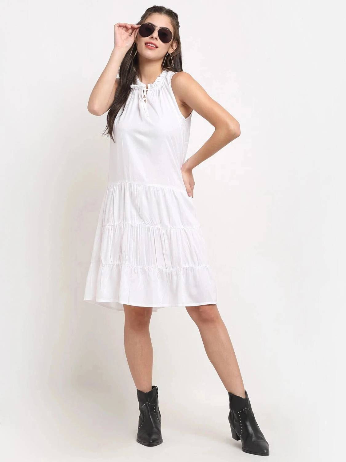 BRINNS Women Fit and Flare White Knee Length Dress