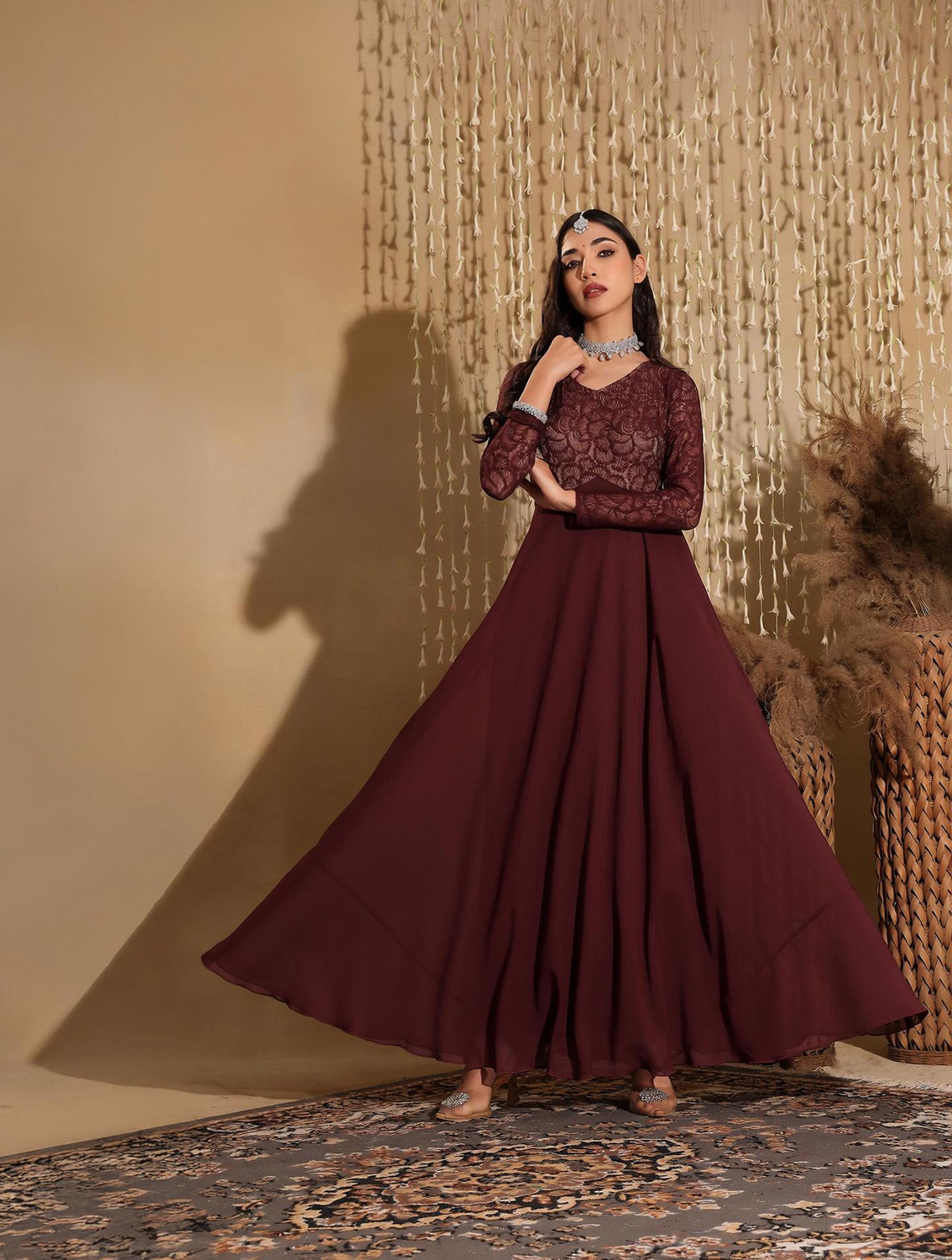 Image of Miss Chase Women Fit and Flare Maroon Maxi /Full Length Dress