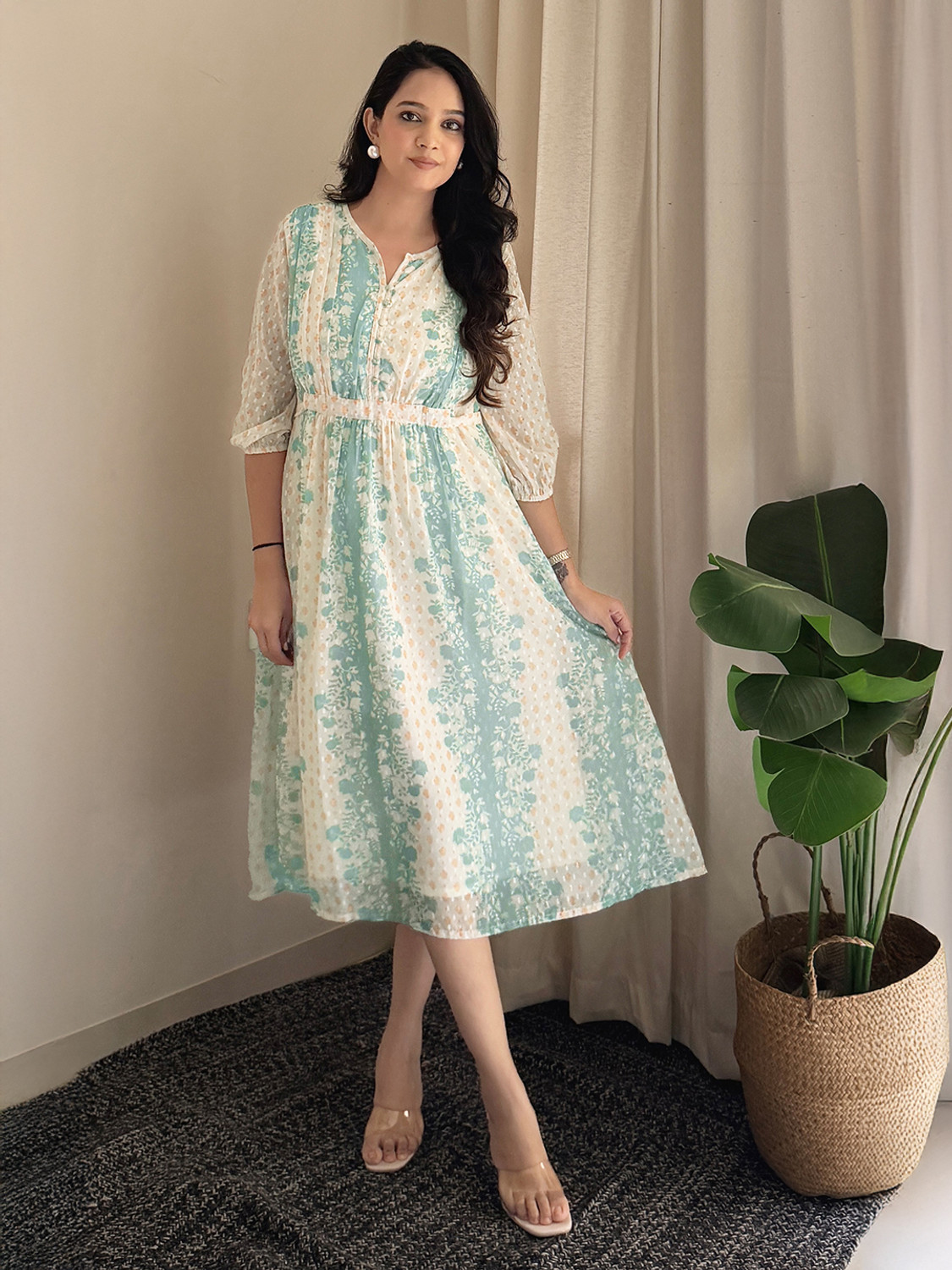 Image of Janasya Women Fit and Flare Multicolor Midi /Calf Length Dress