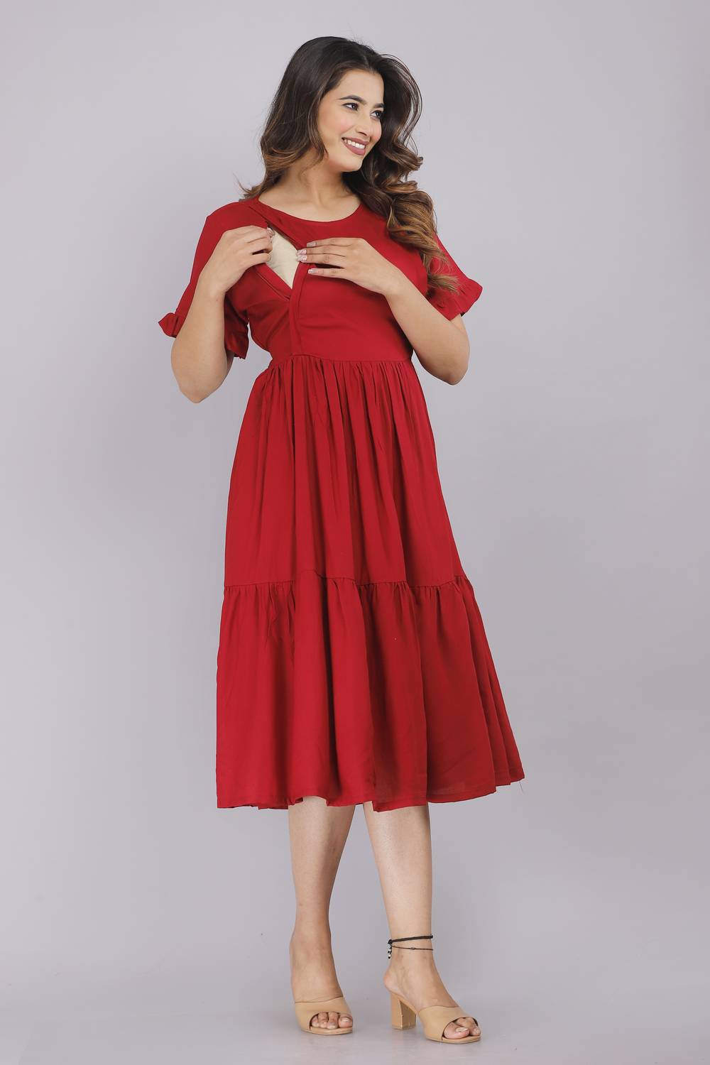 amaya creative center Women Fit and Flare Maroon Knee Length Dress