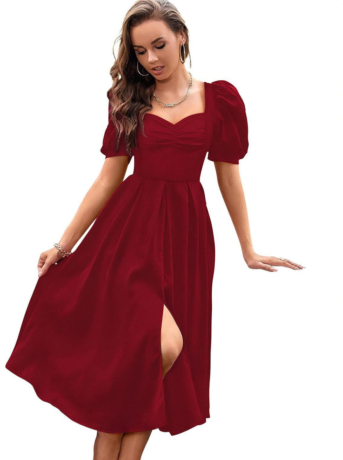 TESSAVEGAS Women A-line Maroon Knee Length Dress