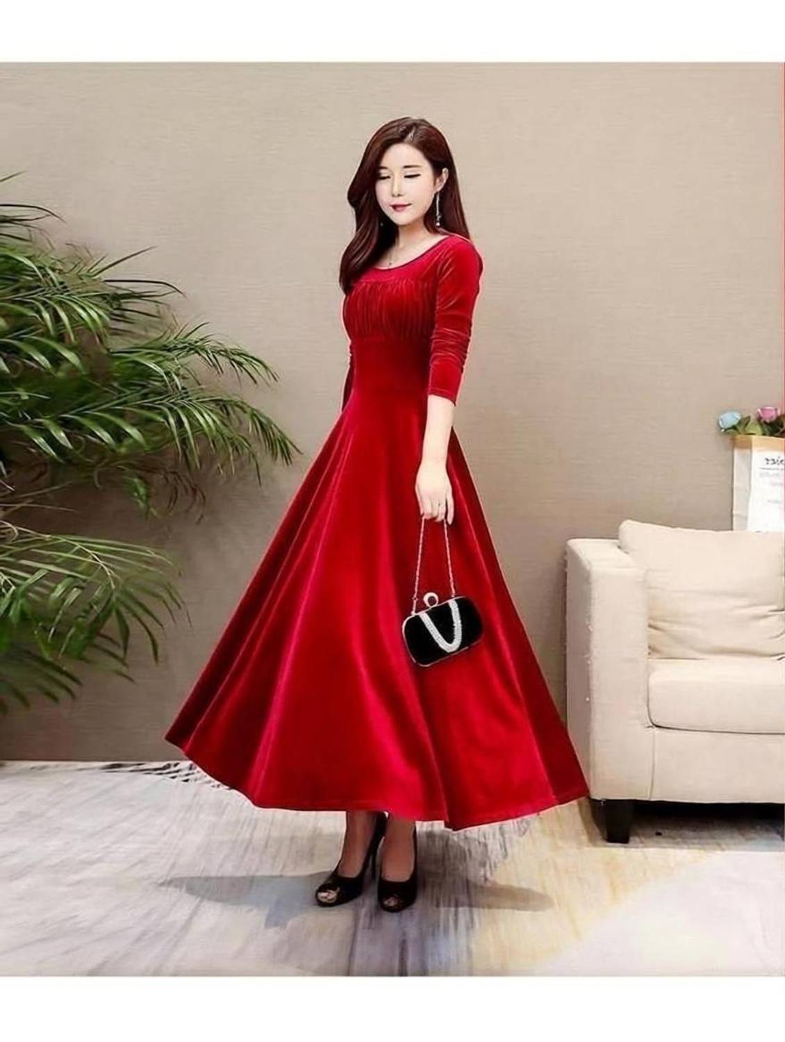 TRUE WESTIES Women A-line Red Maxi/Full Length Dress