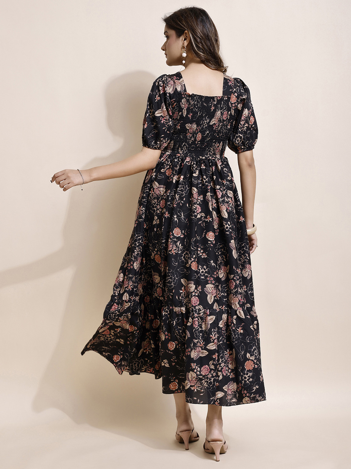 Image of PAHELIKA Women Tiered Black Ankle Length Dress