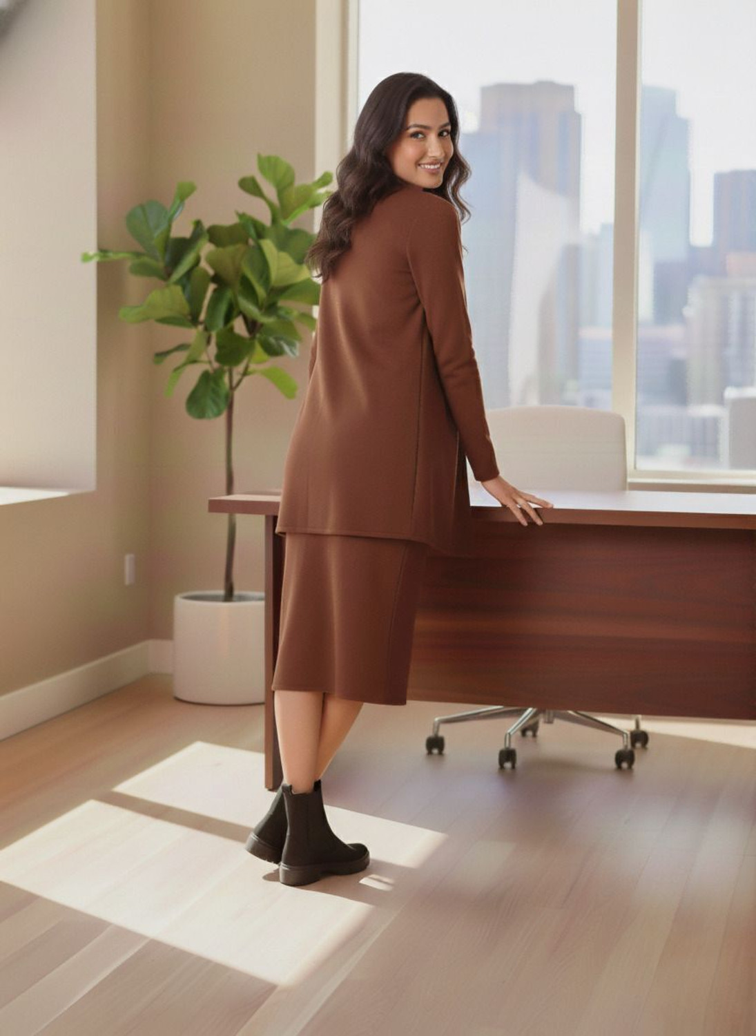 Image of Dwarros Women Bodycon Brown Knee Length Dress