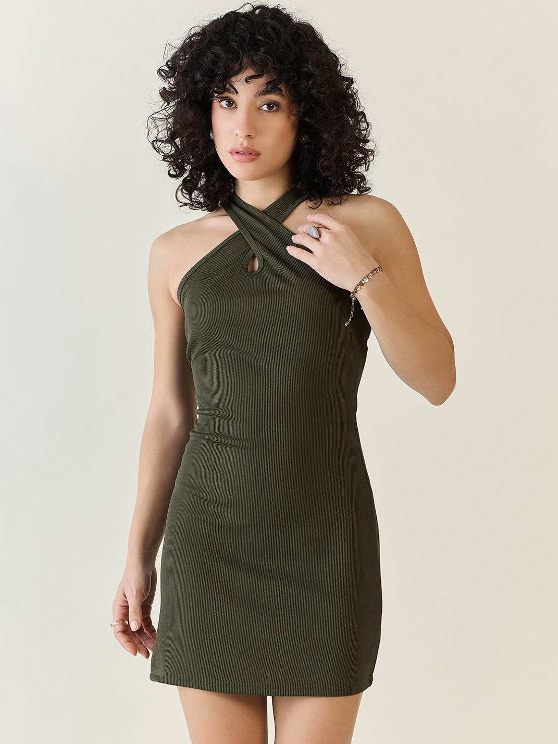 AAYU Women Bodycon Green Above Knee/Mid Thigh Length Dress