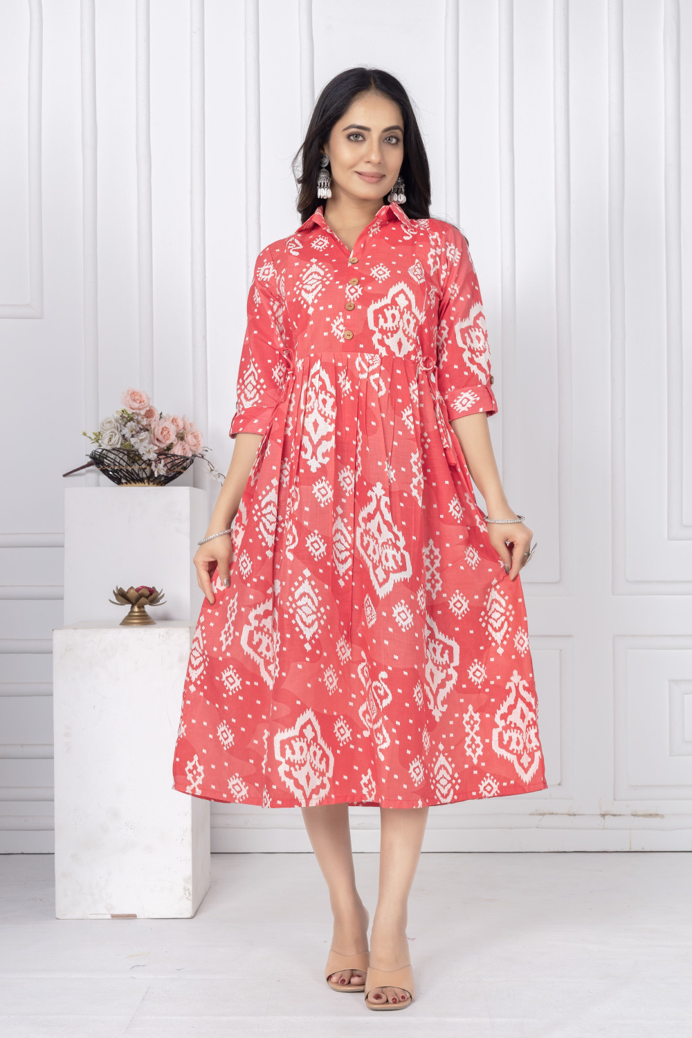 Image of KALAVRITTA Women Gathered Red Midi /Calf Length Dress
