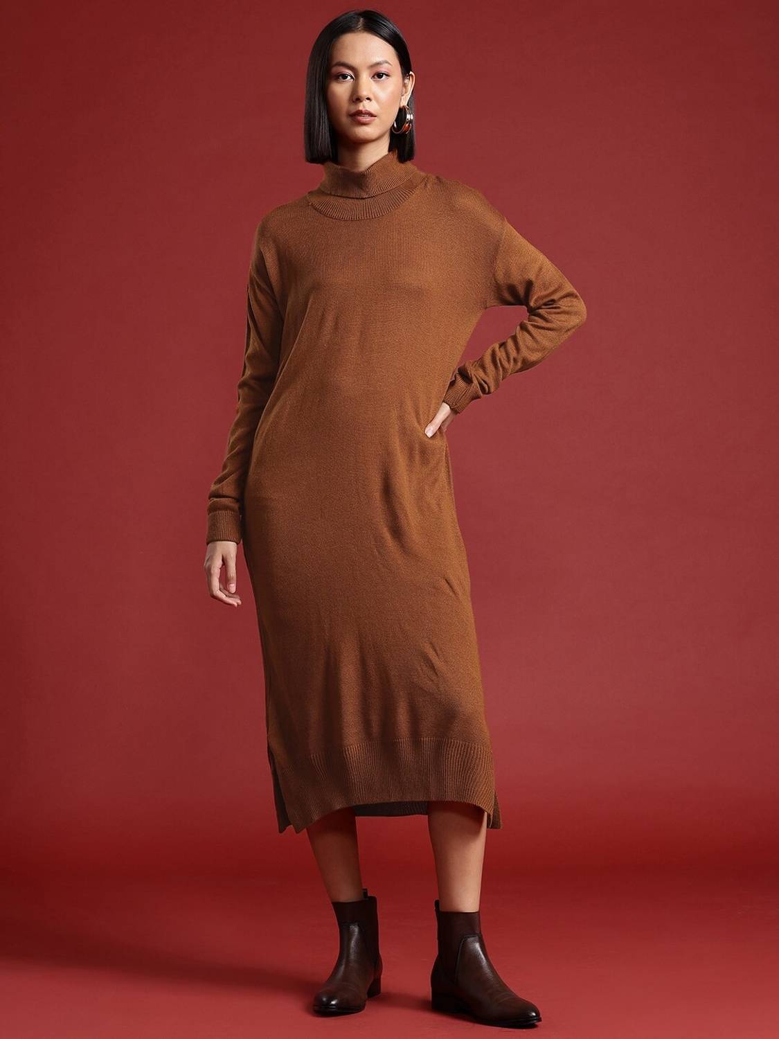 all about you Women Fit and Flare Brown Midi/Calf Length Dress