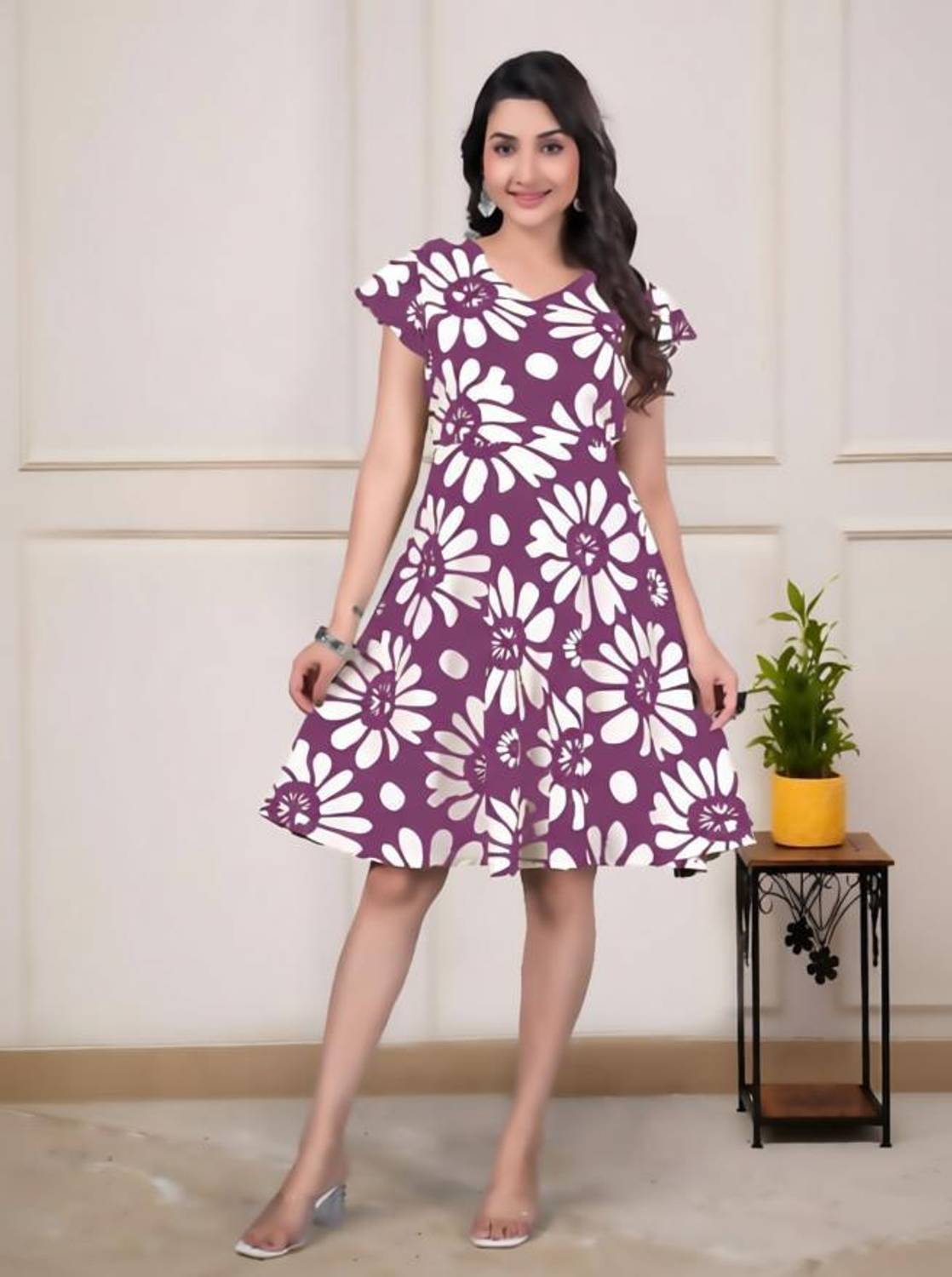 A.B.A Women Fit and Flare Purple Above Knee/Mid Thigh Length Dress