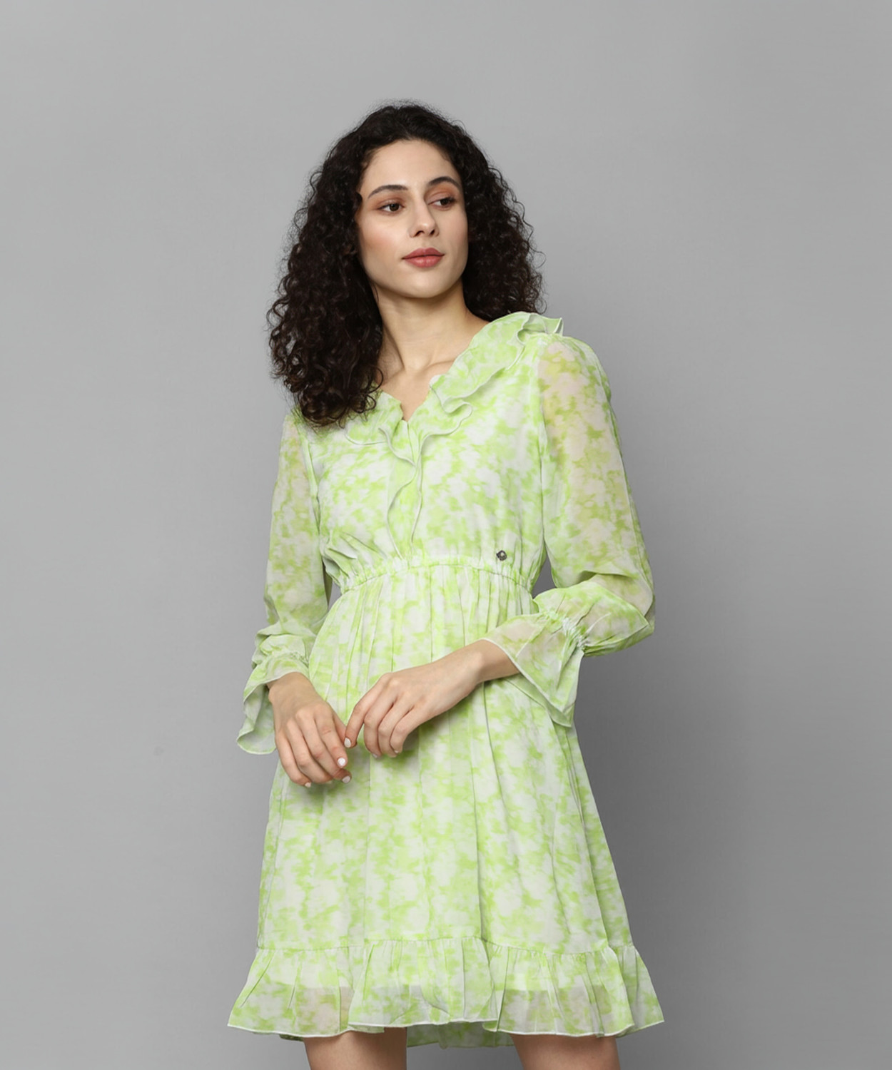 Image of Allen Solly Women A-line Green, White Above Knee /Mid Thigh Length Dress