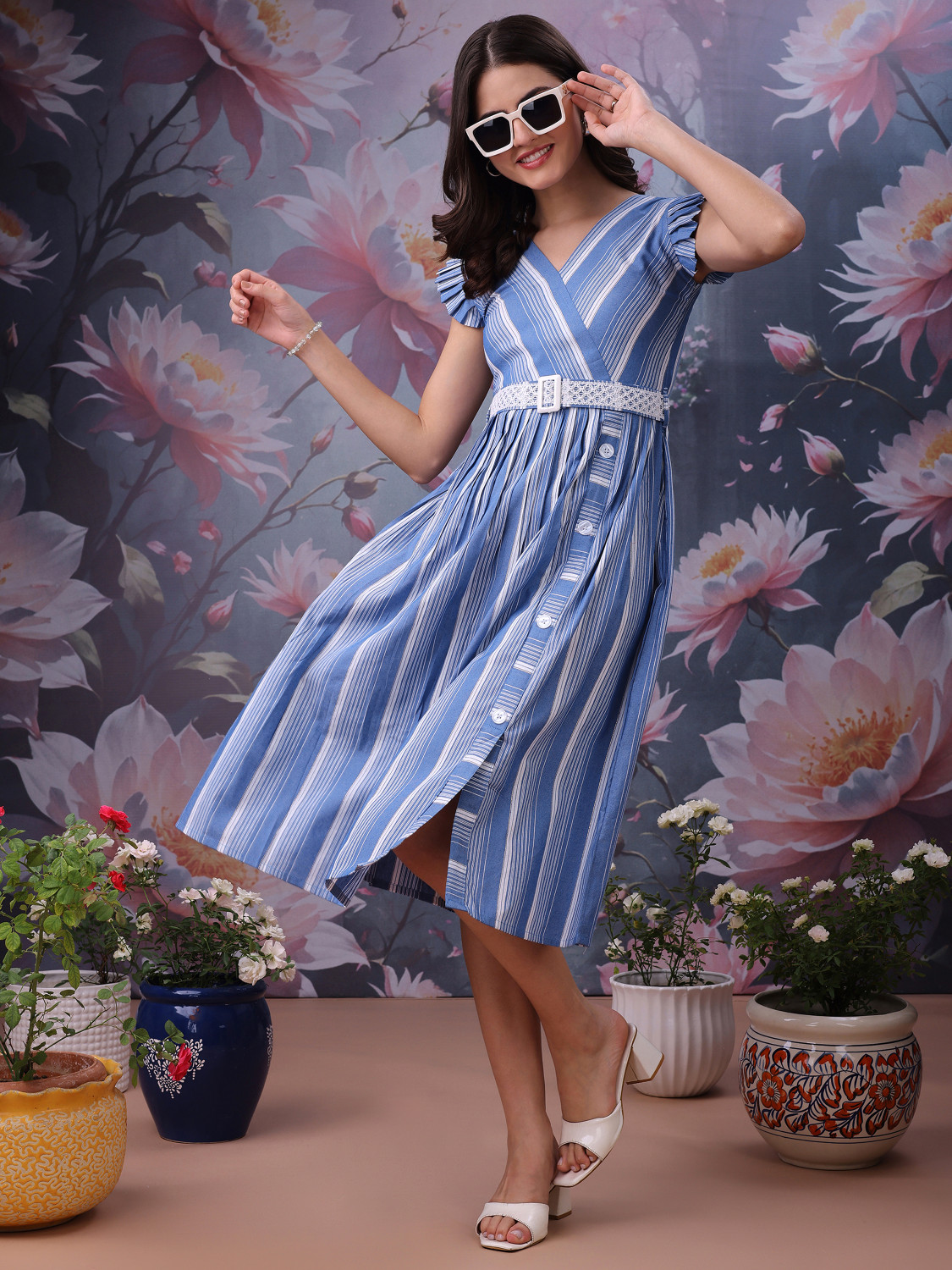 Image of Yanamora Women Fit and Flare Light Blue Midi /Calf Length Dress