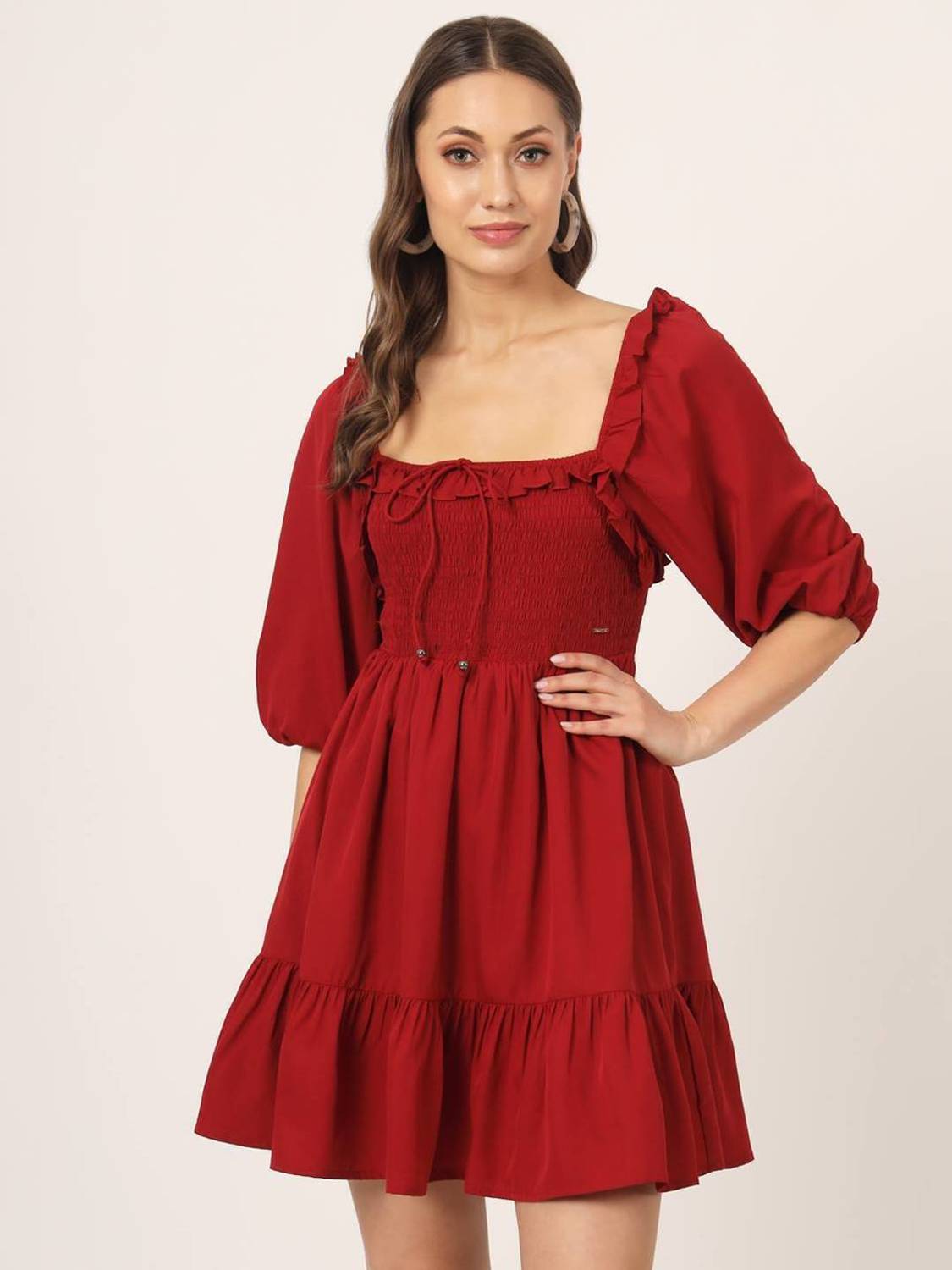 BEATNIK Women Fit and Flare Red Above Knee/Mid Thigh Length Dress