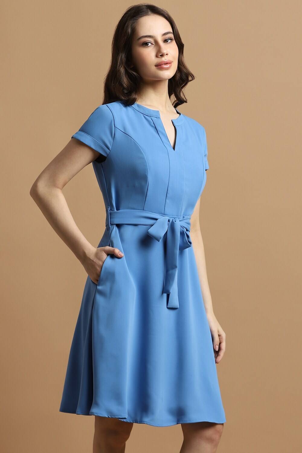 Allen Solly Women A-line Light Blue Knee Length Dress