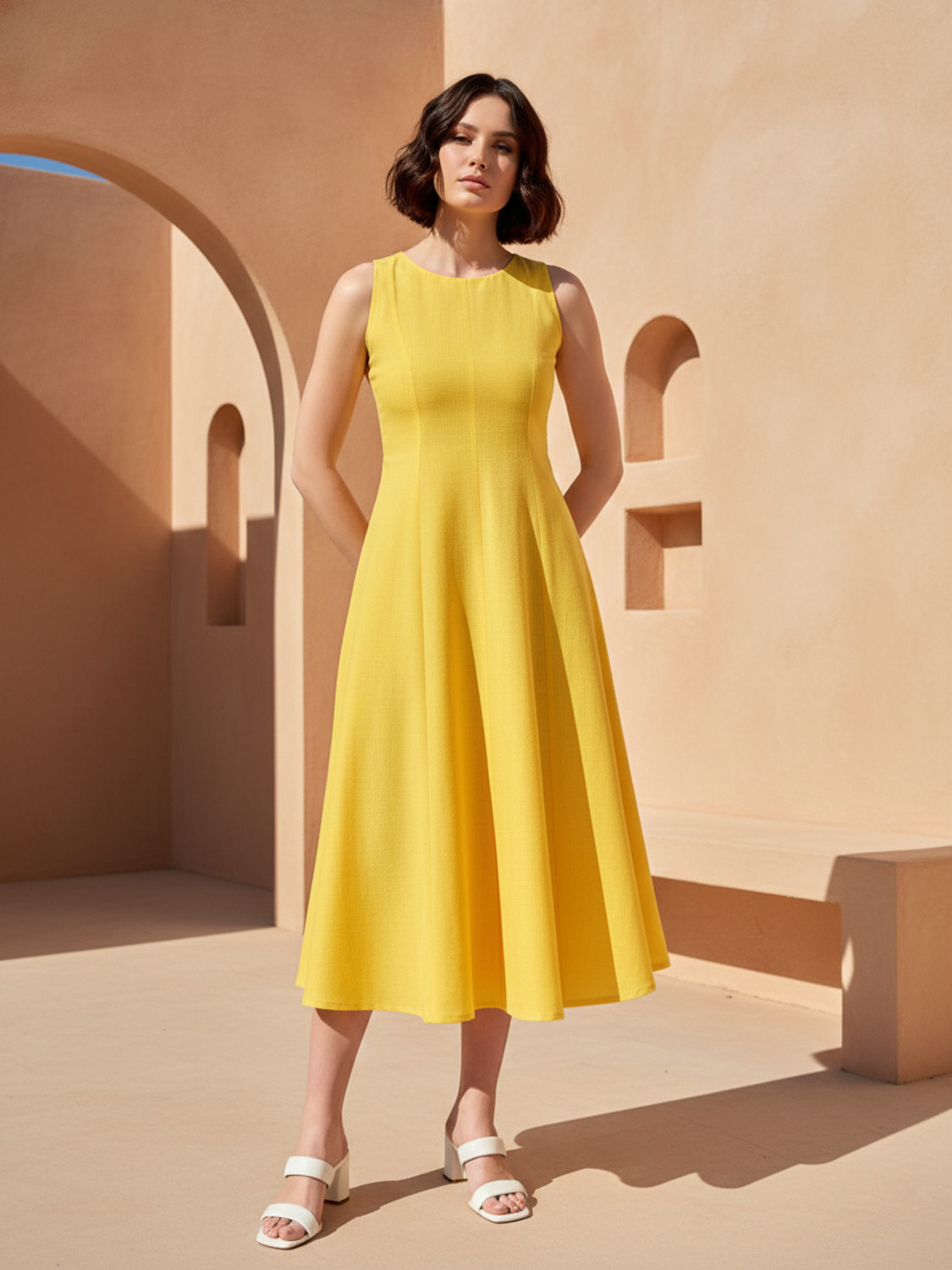 Image of PURVAJA Women Fit and Flare Yellow Below Knee Dress