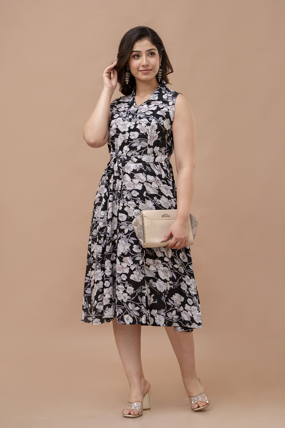 Image of AARIKAARI Women A-line Black, White Midi /Calf Length Dress