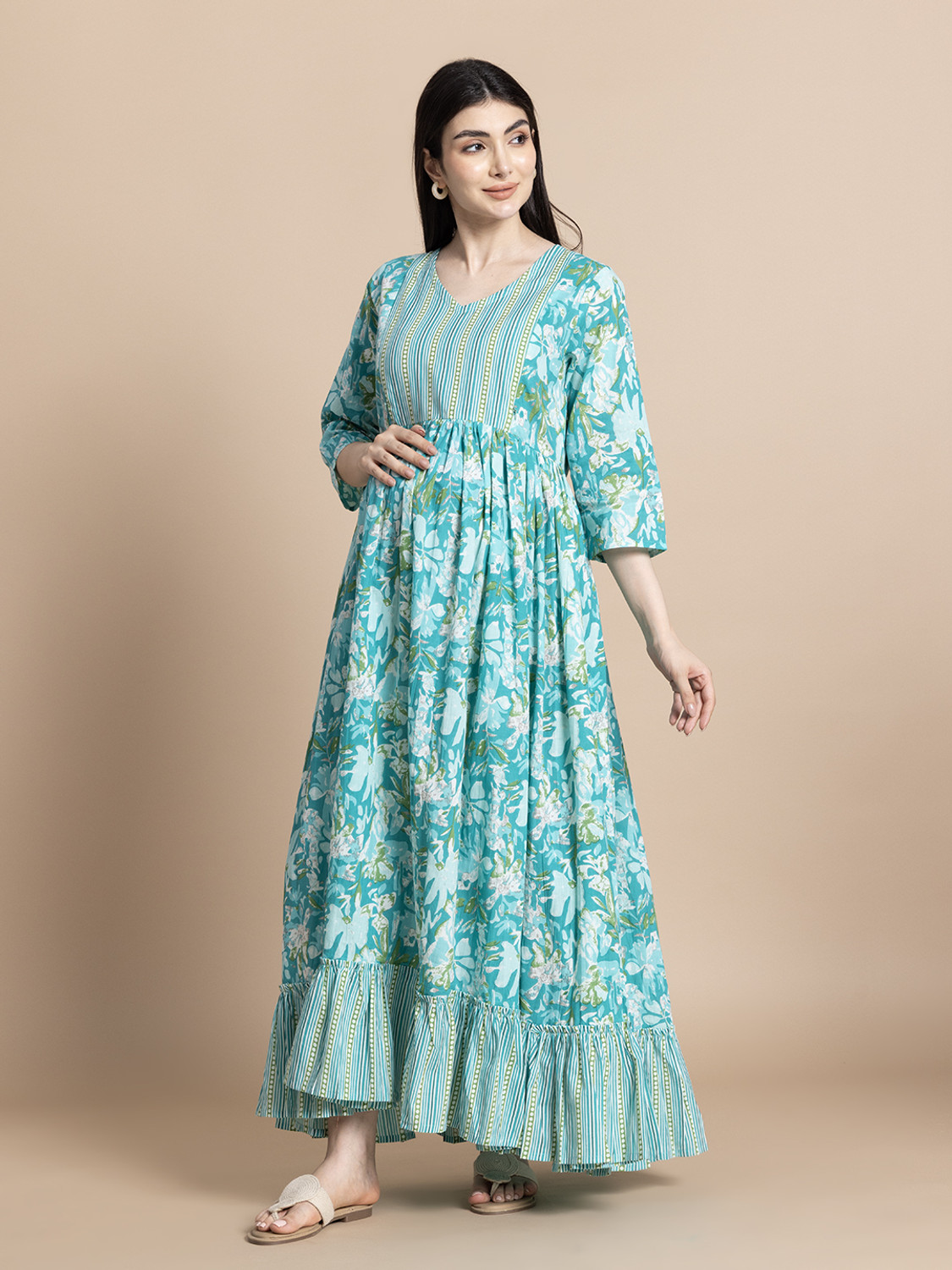 Image of Gujari Women Fit and Flare Light Blue Ankle Length Dress