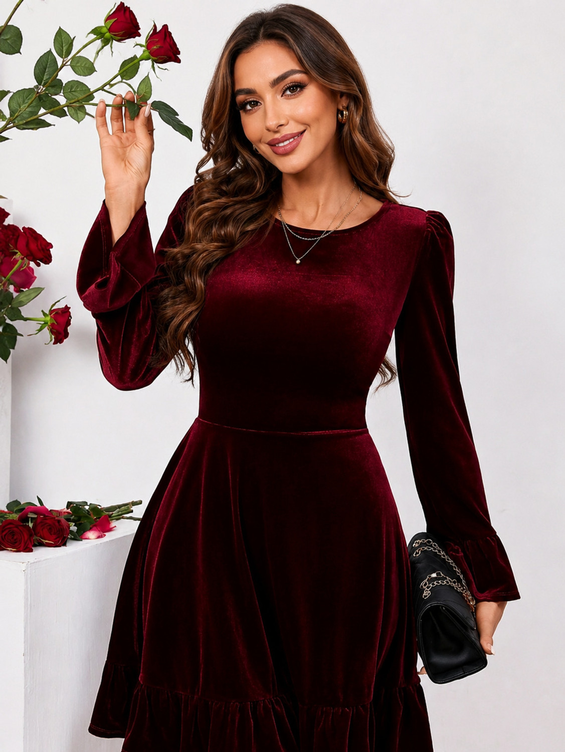 Image of CAJUNI Women Fit and Flare Maroon Knee Length Dress