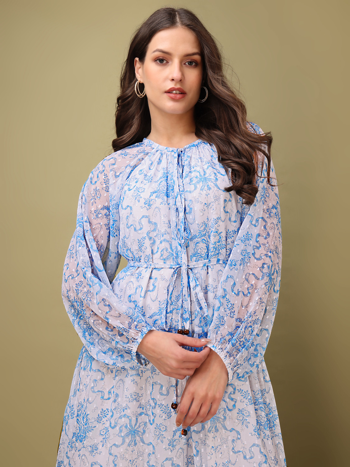Image of PURVAJA Women Tiered Blue, White Midi /Calf Length Dress
