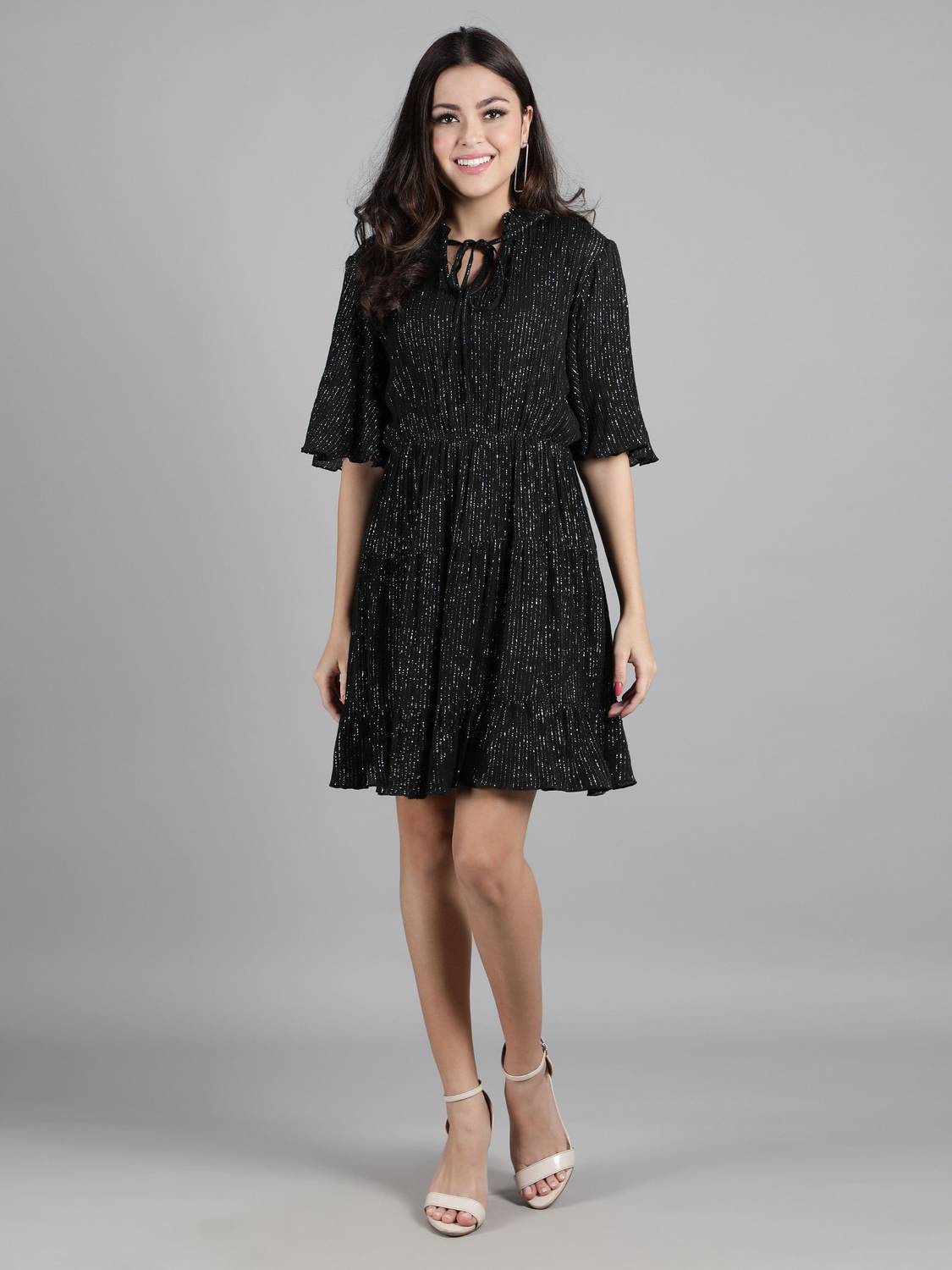 DRAPE AND DAZZLE Women Fit and Flare Black Above Knee/Mid Thigh Length Dress