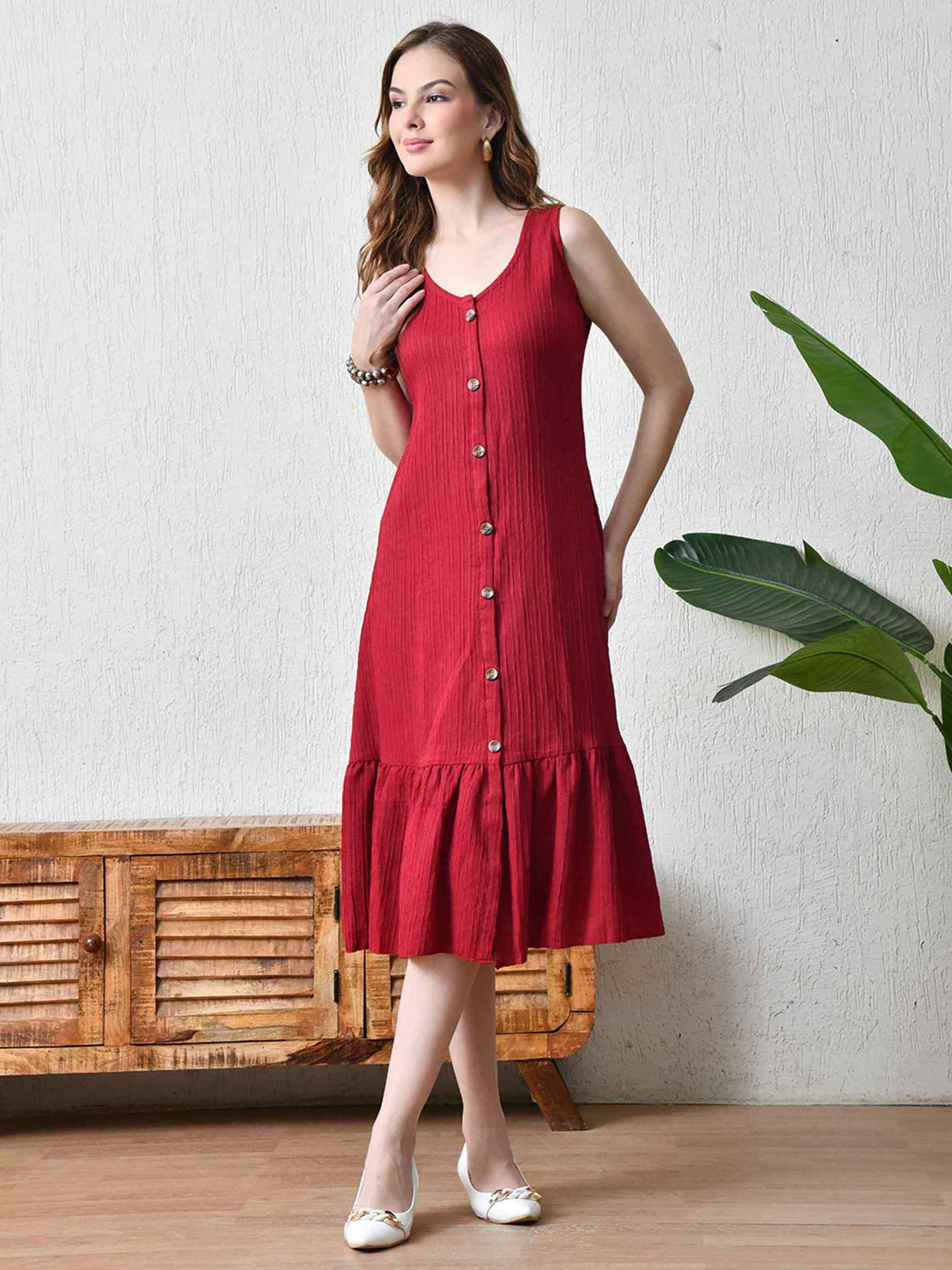 Image of Yanamora Women A-line Maroon Knee Length Dress