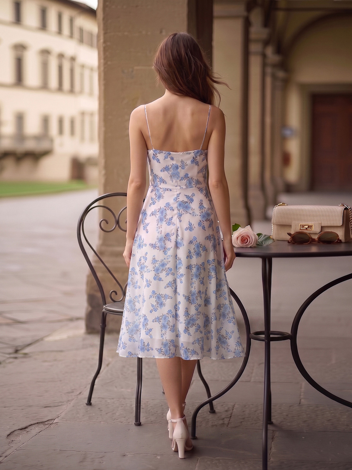 Image of AAYU Women Fit and Flare White, Light Blue Midi /Calf Length Dress