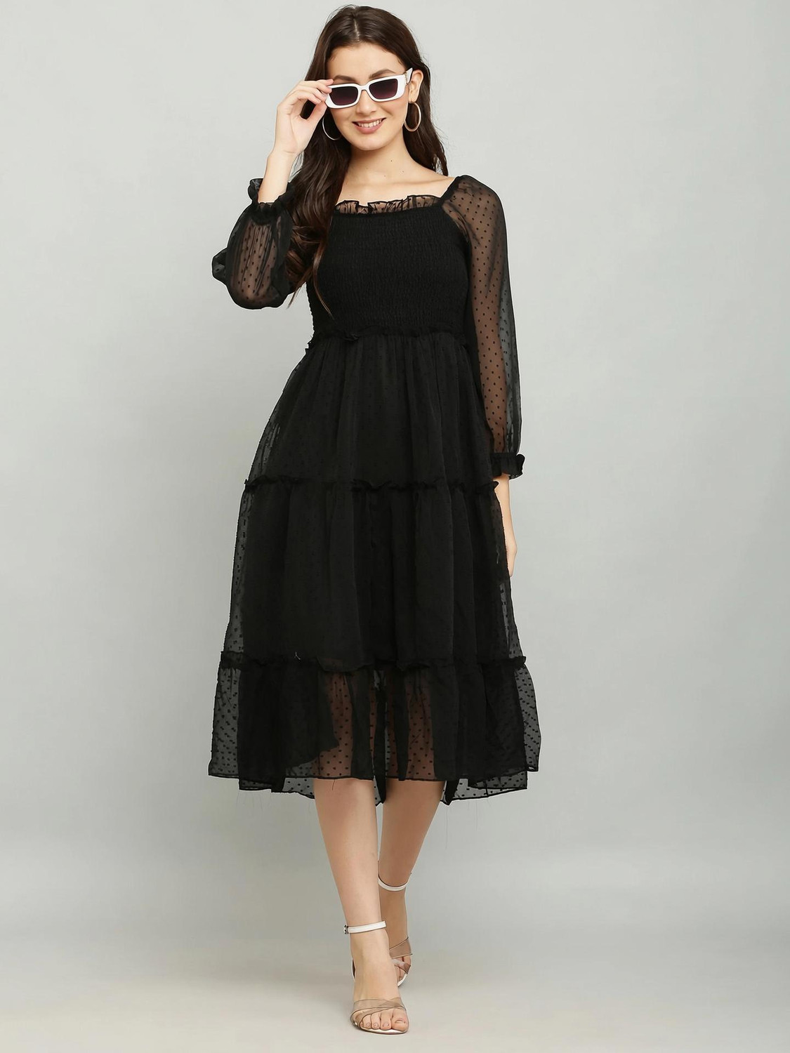 Image of Jazzups enterprises Women Fit and Flare Black Below Knee Dress
