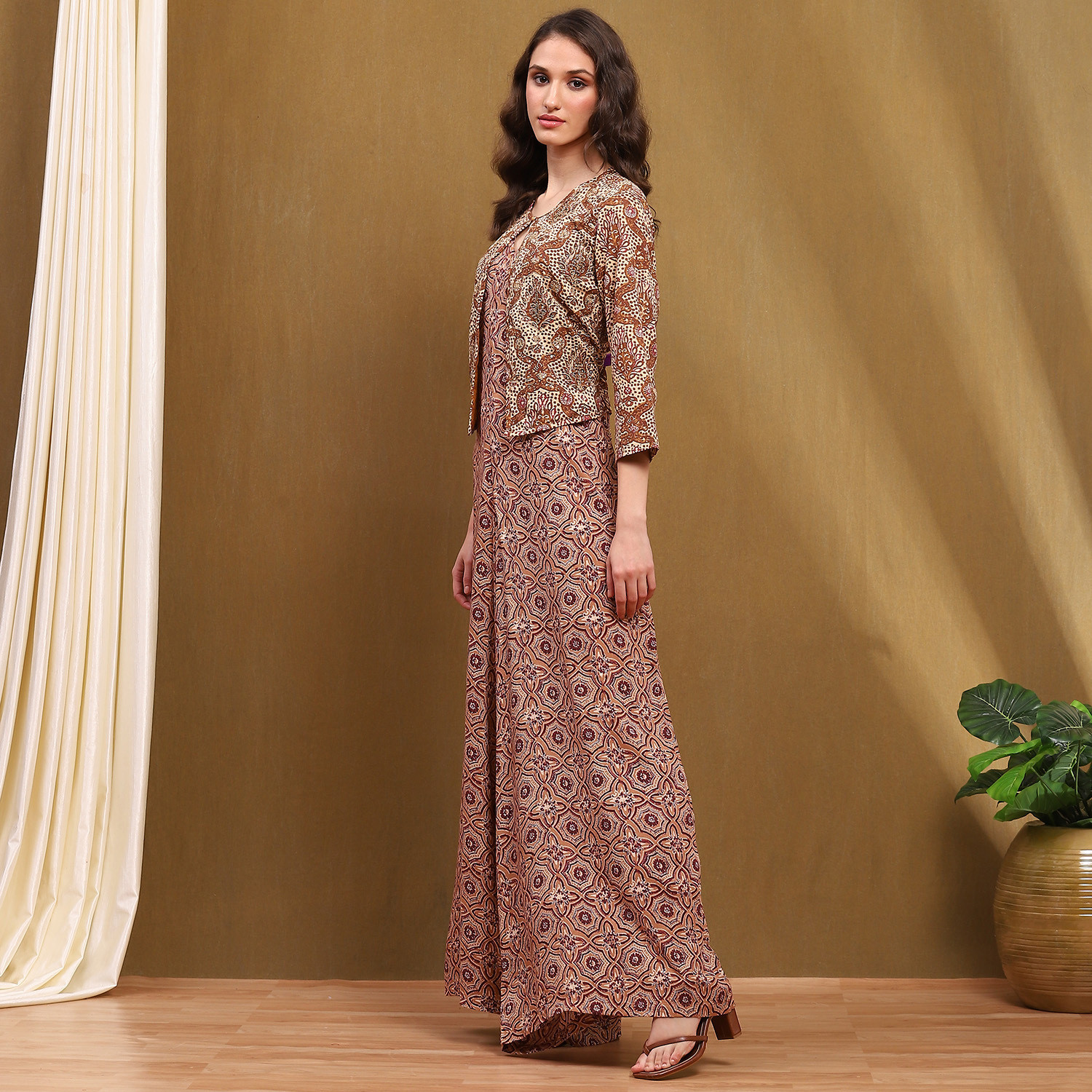 Image of BIBA Women A-line Beige Maxi /Full Length Dress