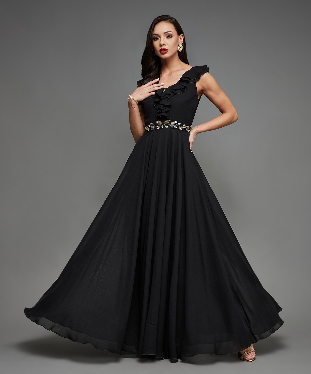 Image of Miss Chase Women Ruffled Black Maxi /Full Length Dress