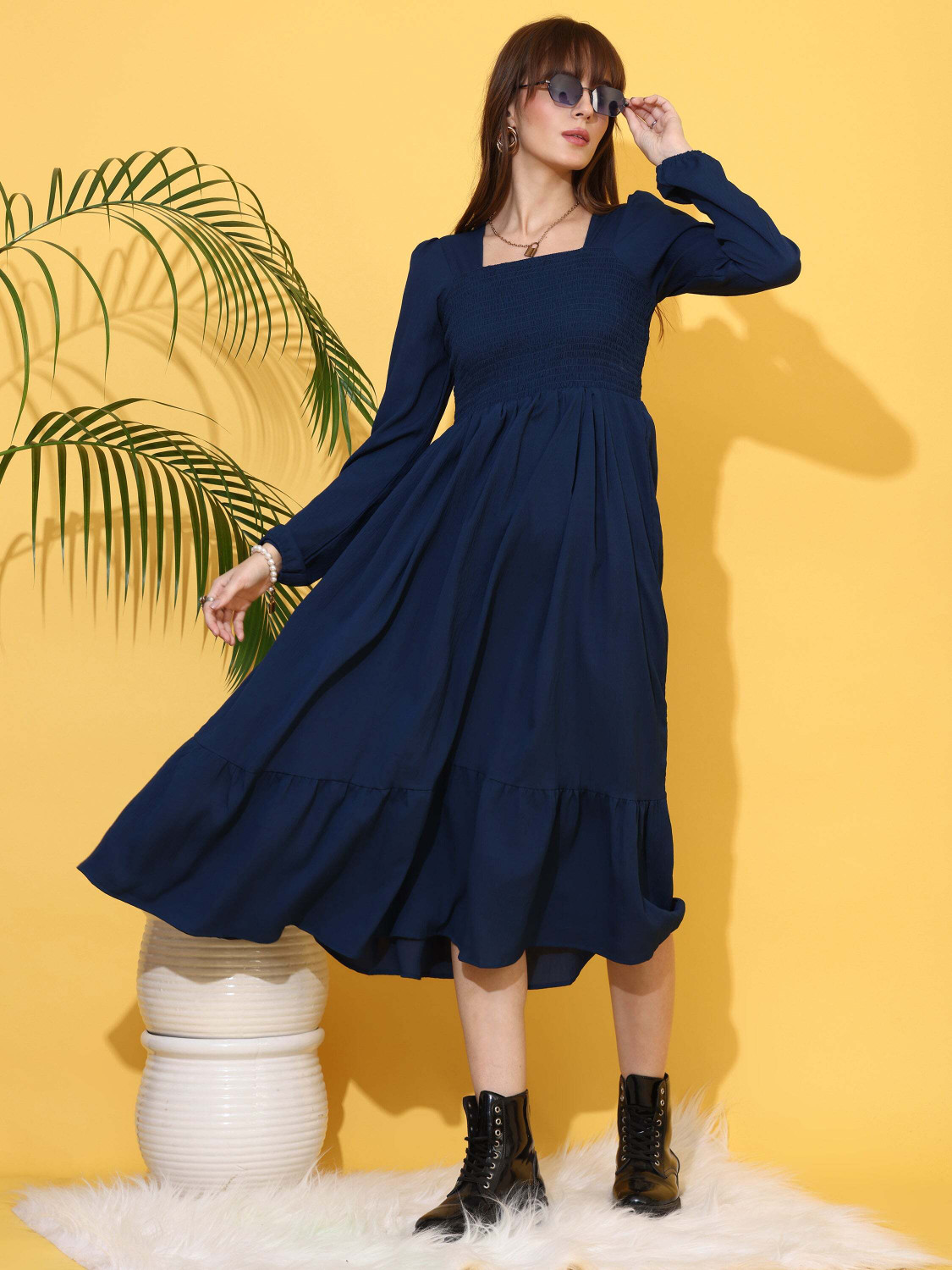 Image of Honky Tonky Women Fit and Flare Dark Blue Below Knee Dress