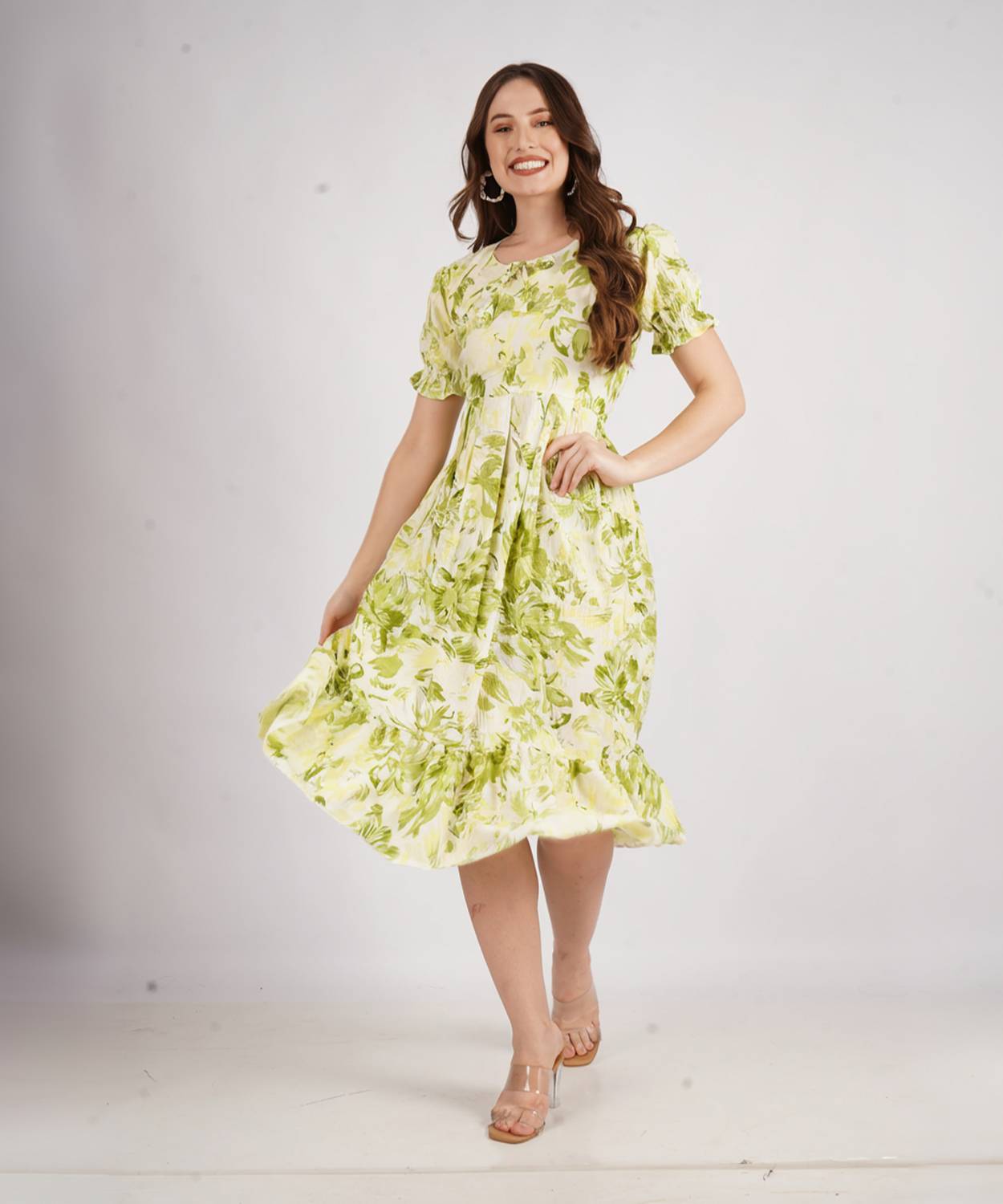 AKSHA CREATION Women Fit and Flare Light Green Midi/Calf Length Dress