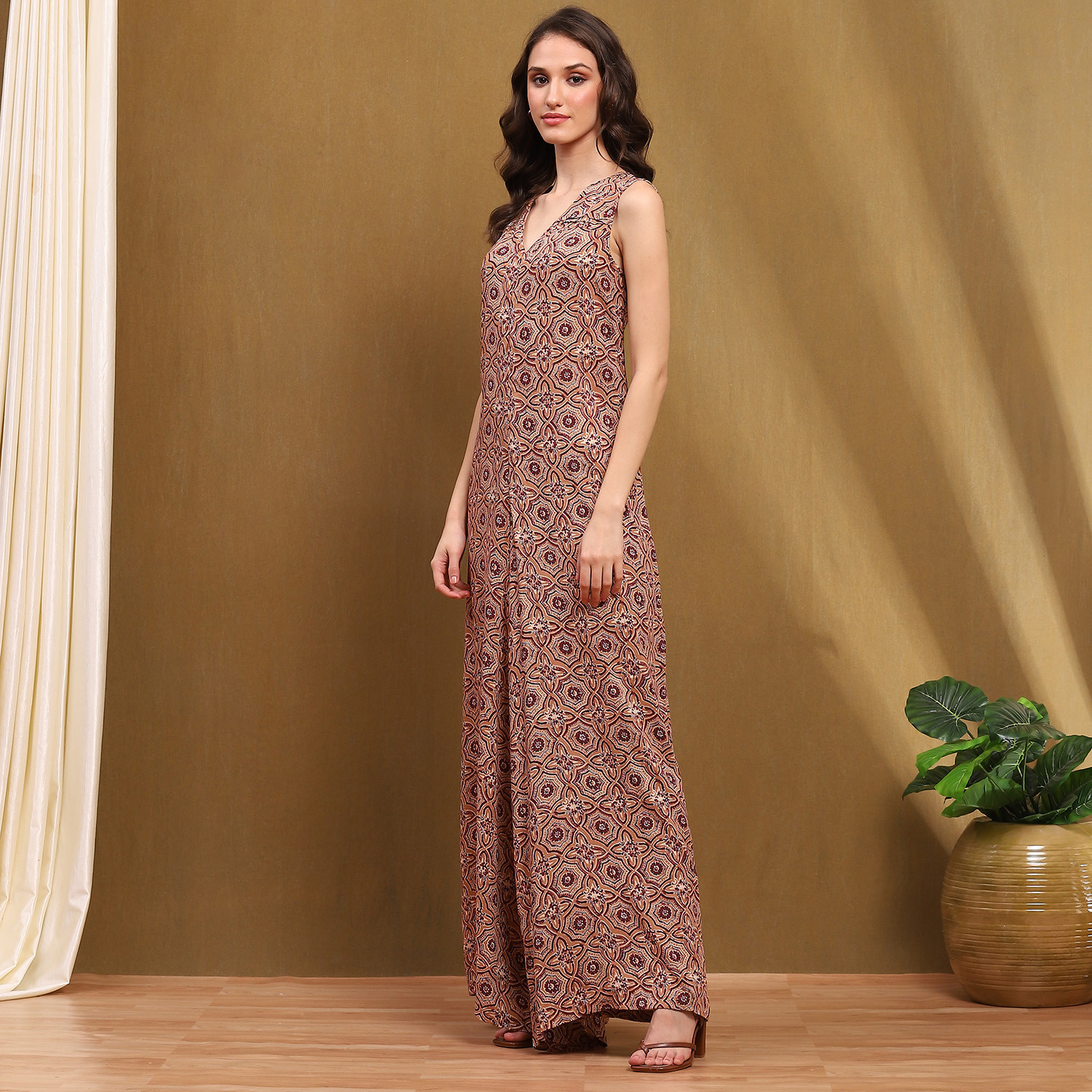 Image of BIBA Women A-line Beige Maxi /Full Length Dress