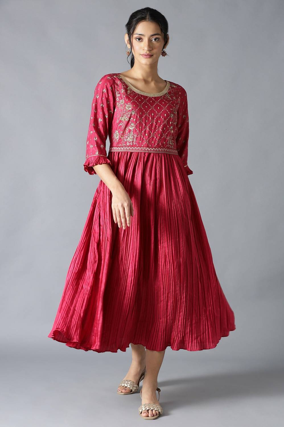 Aurelia Women Fit and Flare Pink Midi/Calf Length Dress