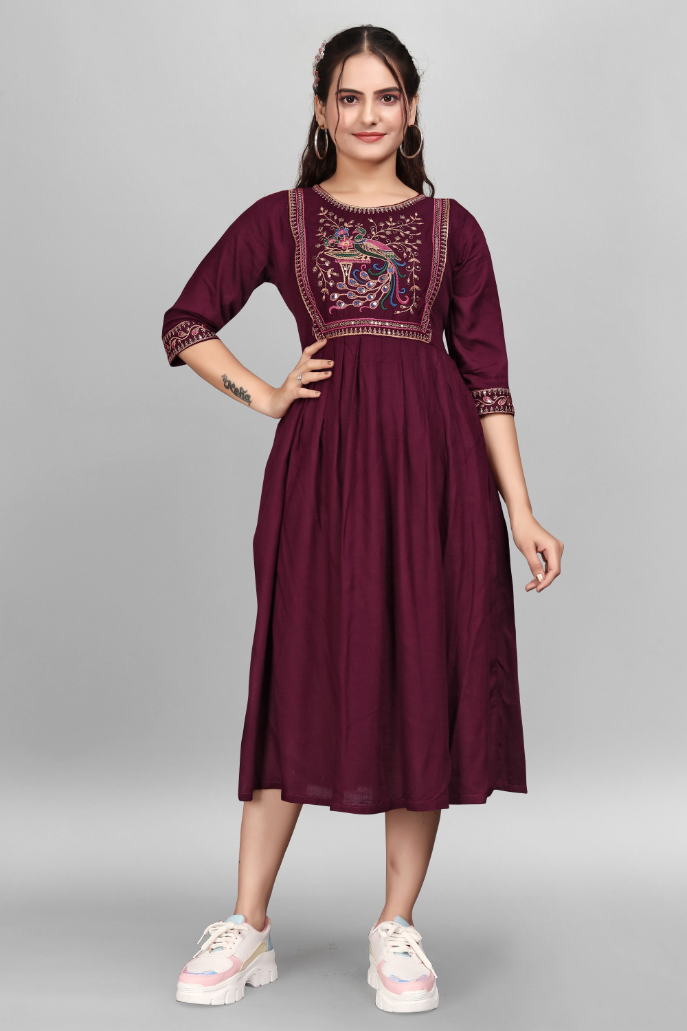 Image of sheladiya Women Fit and Flare Multicolor Below Knee Dress