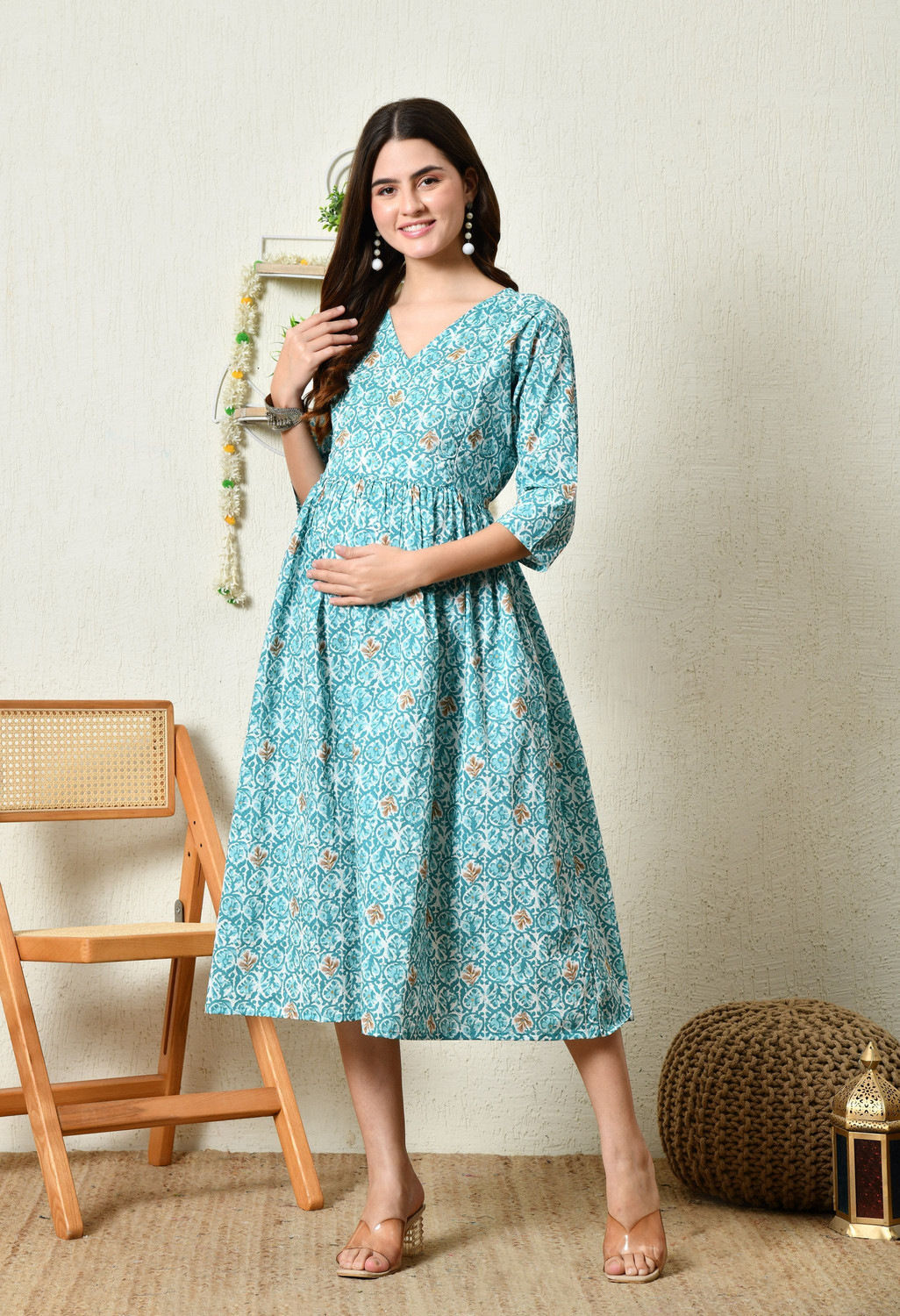 Image of Silakiva Women Fit and Flare Light Blue Midi /Calf Length Dress