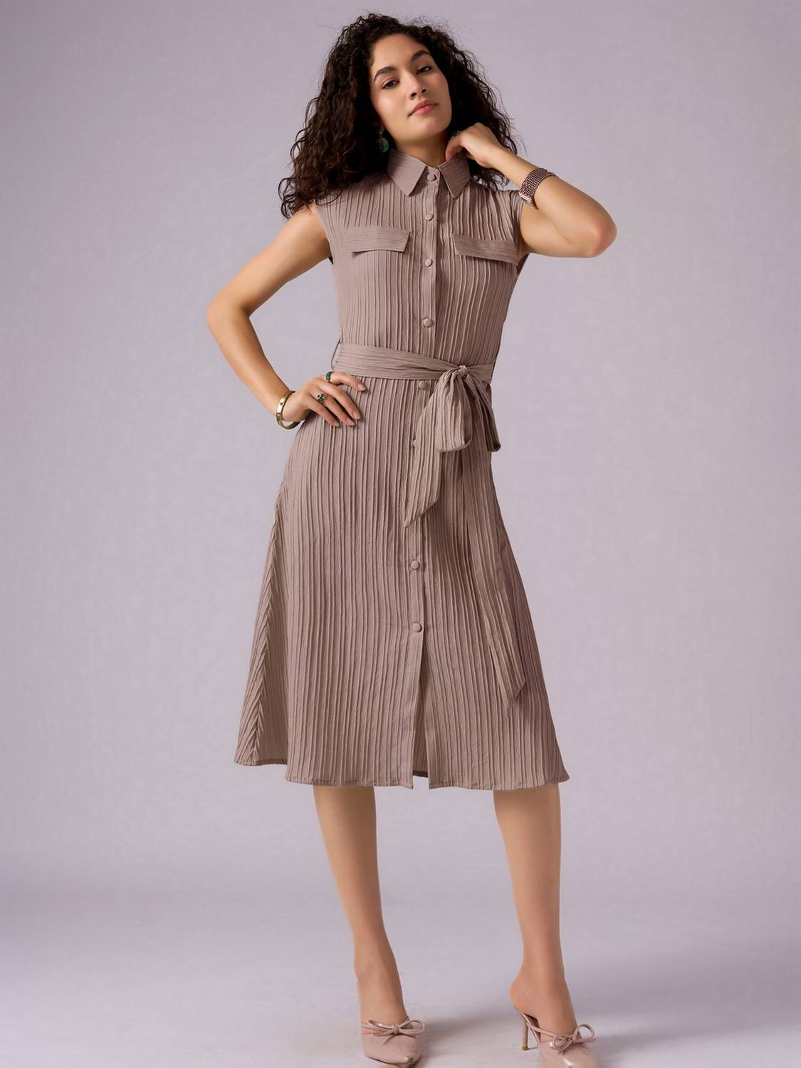 AASK Women Shirt Brown Midi/Calf Length Dress