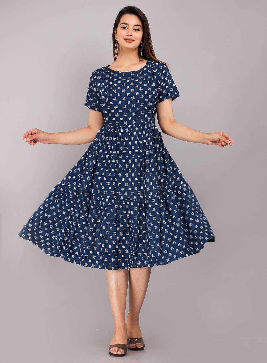 amaya creative center Women Gathered Blue Midi/Calf Length Dress