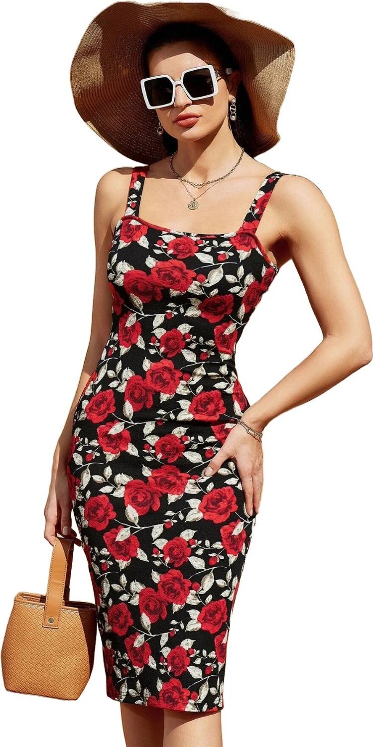 Road Rider Women Bodycon Red, Black Below Knee Dress
