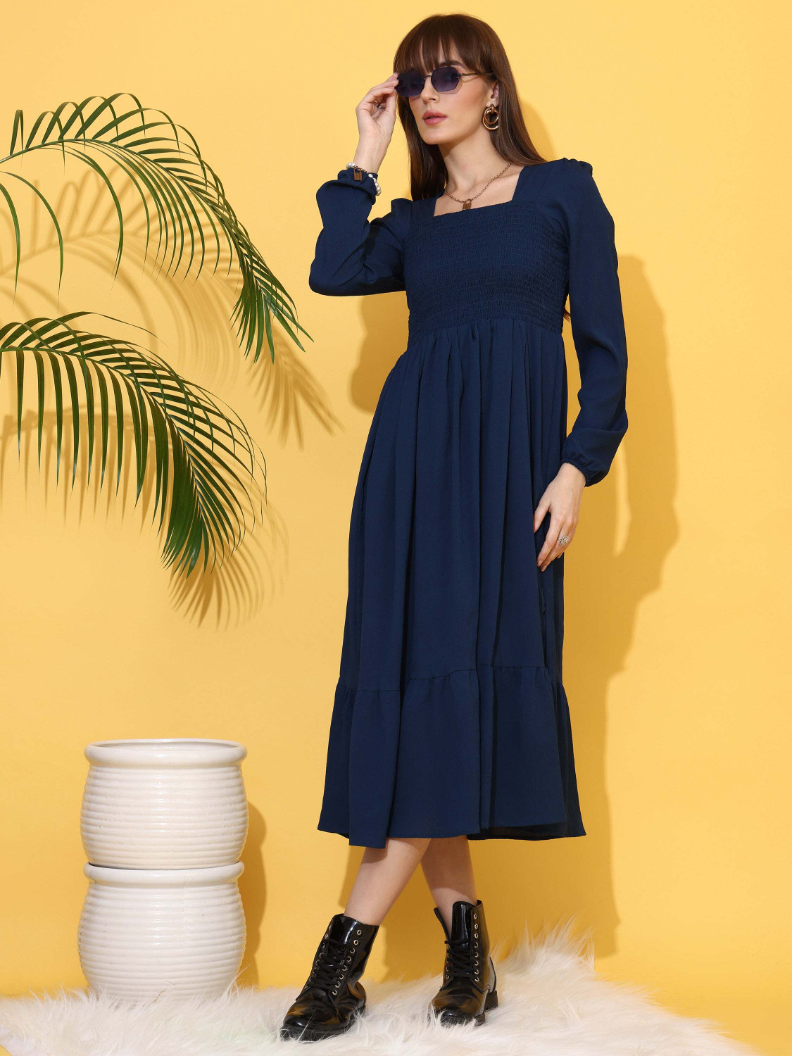 Image of Honky Tonky Women Fit and Flare Dark Blue Below Knee Dress