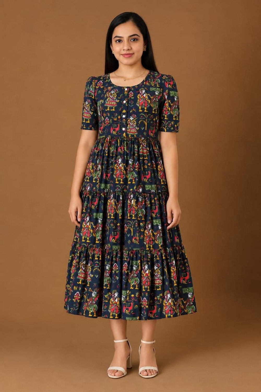 Image of FYMC Women Ethnic Dress Dark Blue Midi /Calf Length Dress