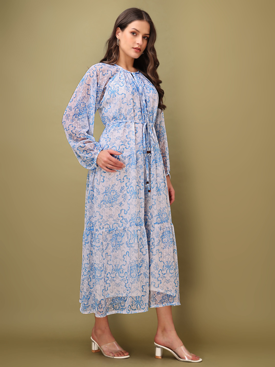 Image of PURVAJA Women Tiered Blue, White Midi /Calf Length Dress