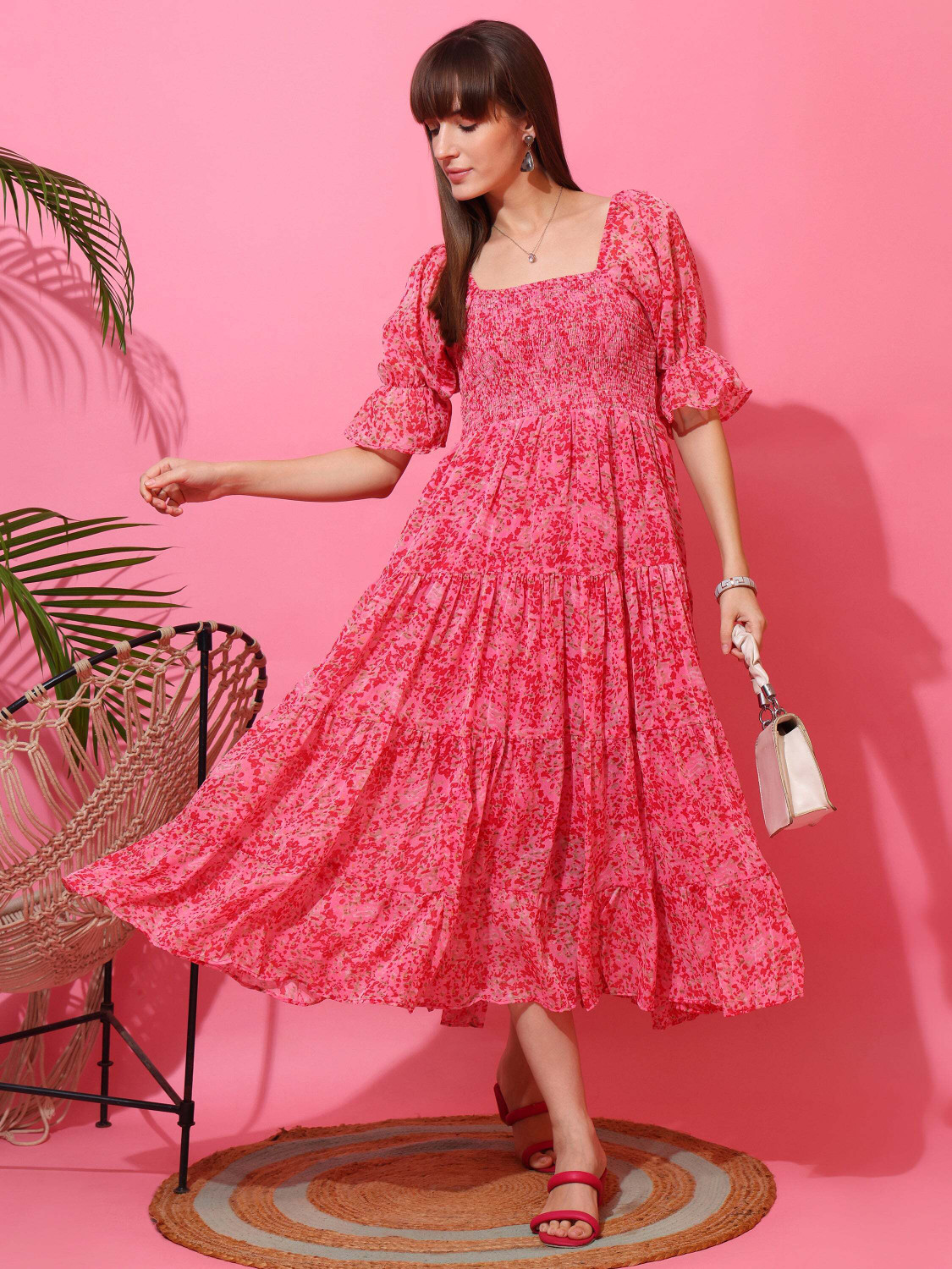 Image of Honky Tonky Women Fit and Flare Pink, Red Midi /Calf Length Dress