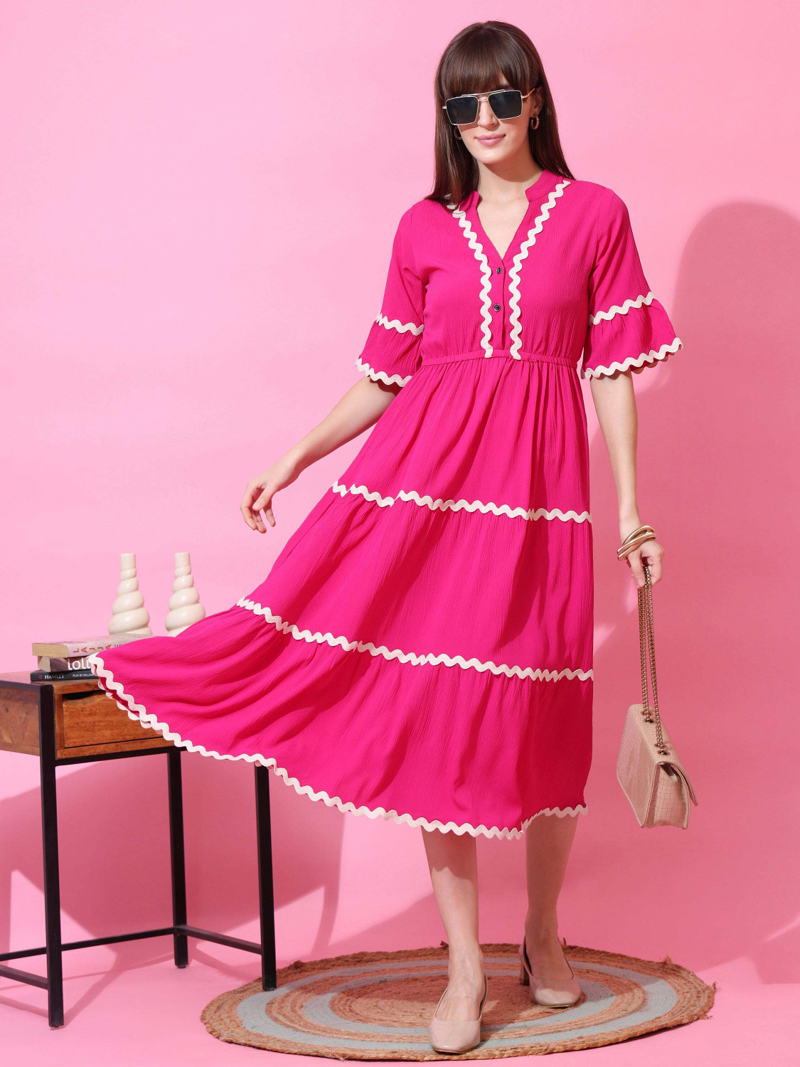 Honky Tonky Women Fit and Flare Pink Midi/Calf Length Dress