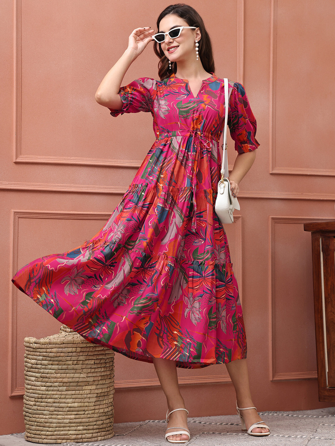 Image of Claura Women Fit and Flare Pink, Multicolor Below Knee Dress