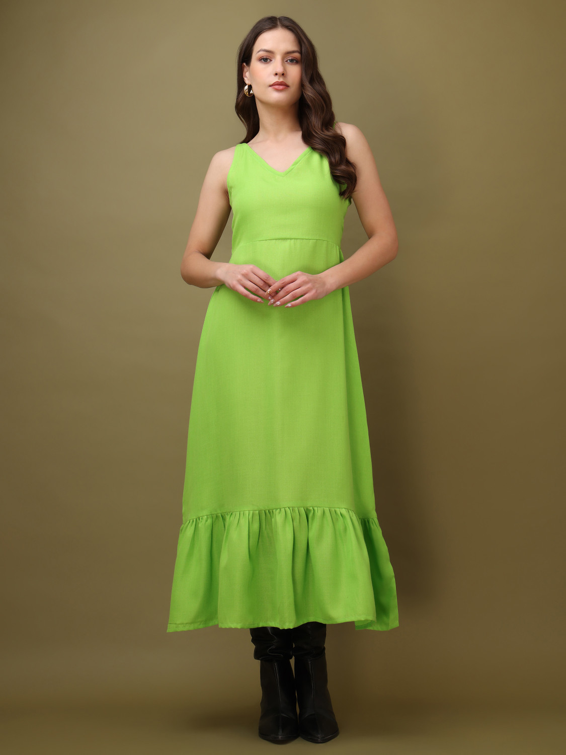 Image of PURVAJA Women A-line Green Midi /Calf Length Dress