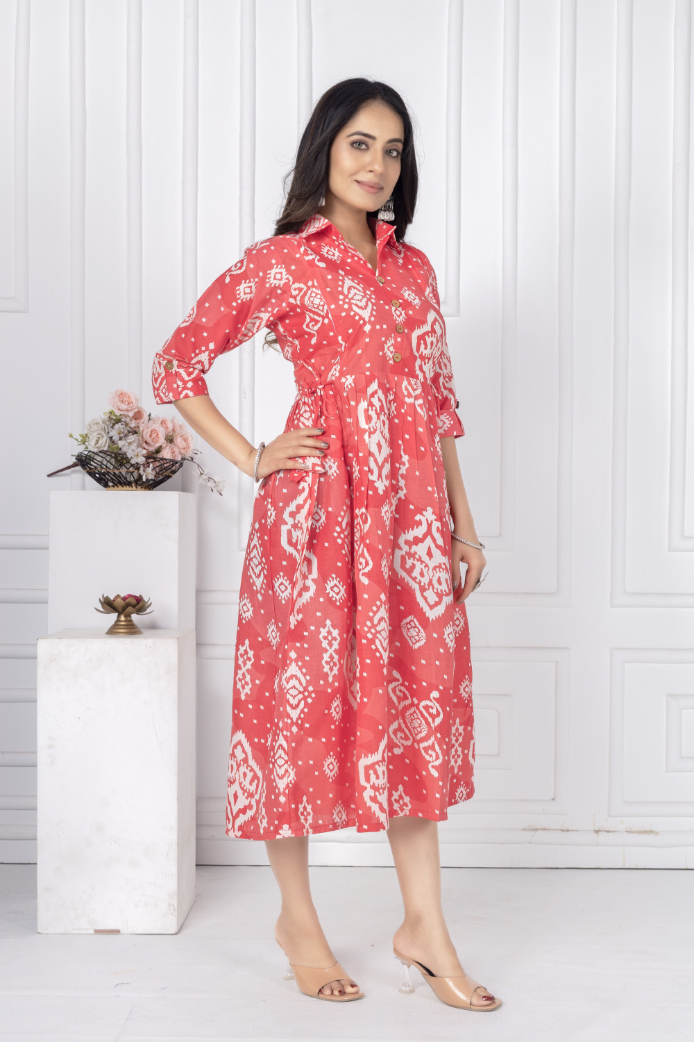 Image of KALAVRITTA Women Gathered Red Midi /Calf Length Dress