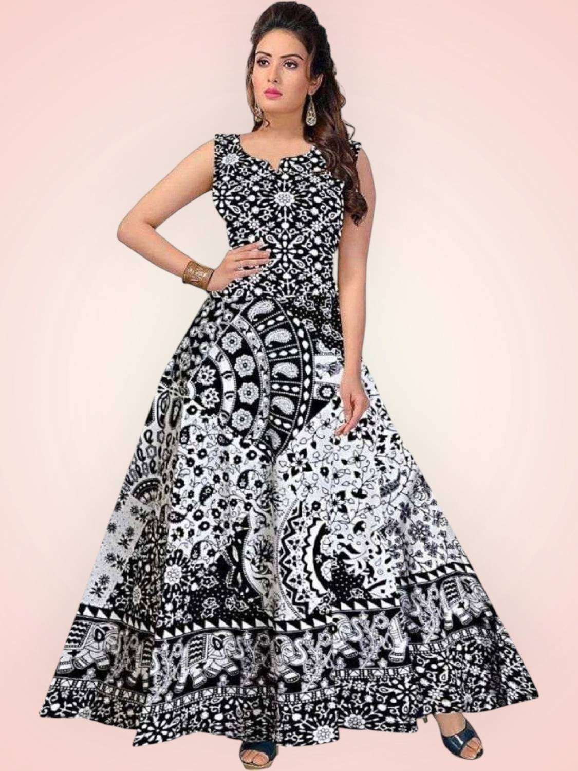 ANUNJA Women Fit and Flare Black, White Knee Length Dress