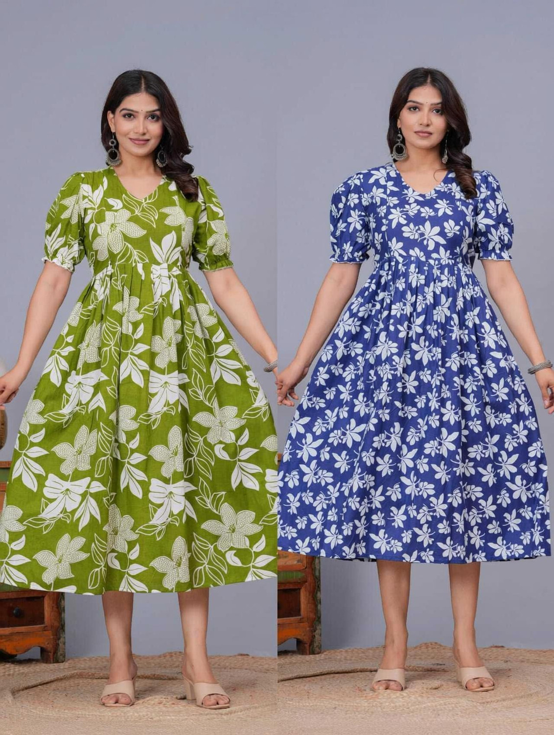 Image of Yuwan Women Maxi Green, Blue Below Knee Dress