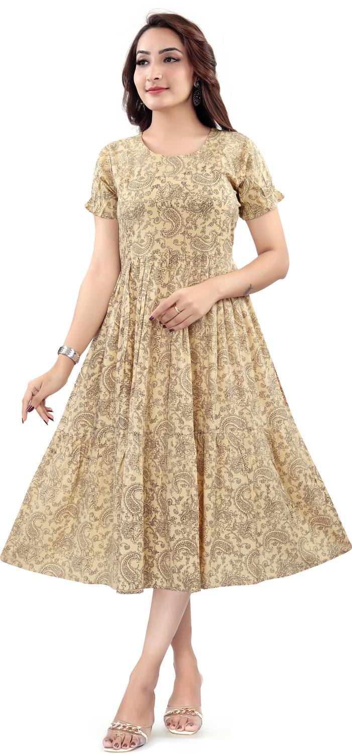 B2Fashion Women Fit and Flare Beige Midi/Calf Length Dress