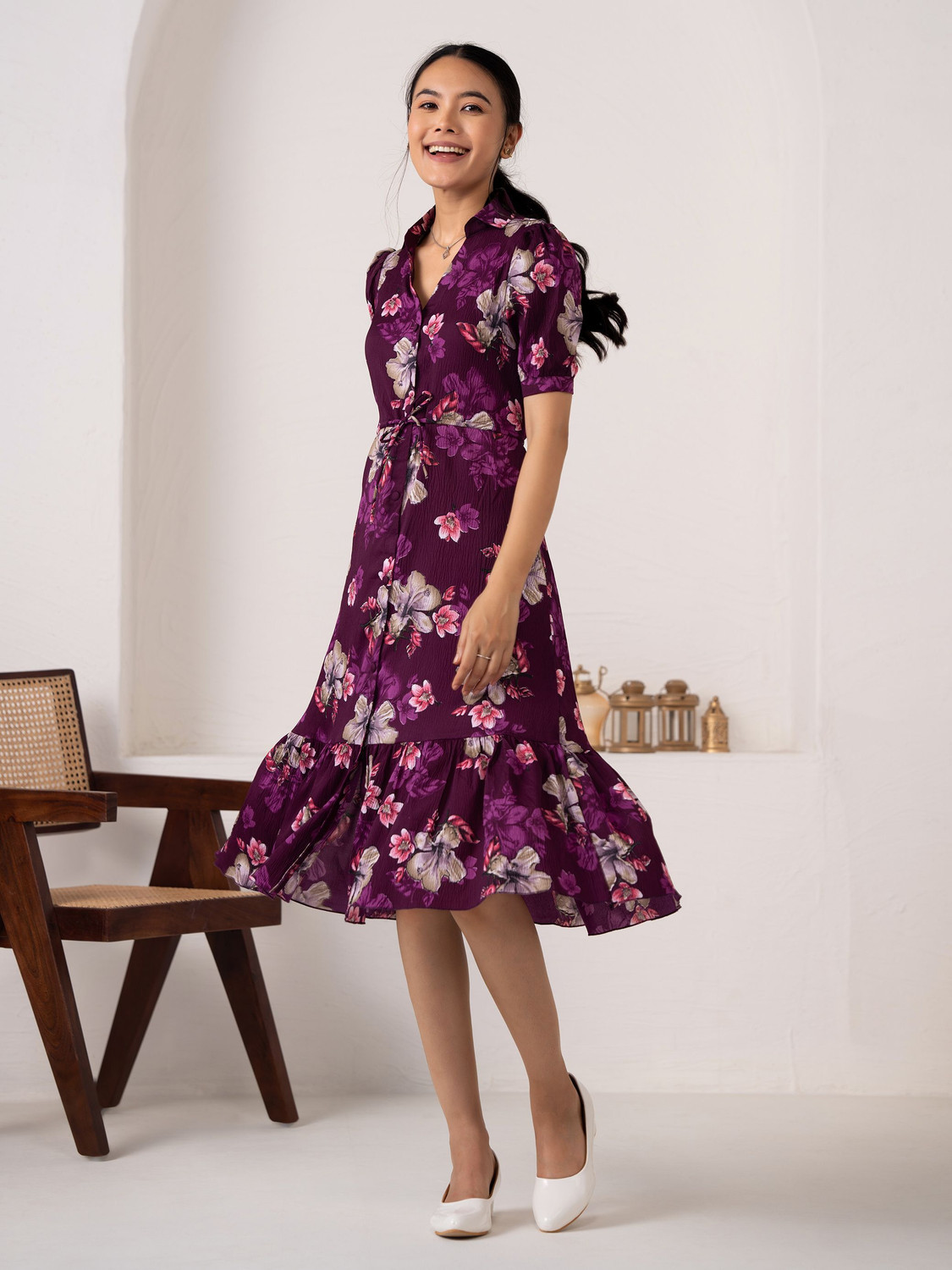 Image of AASK Women Fit and Flare Purple Knee Length Dress