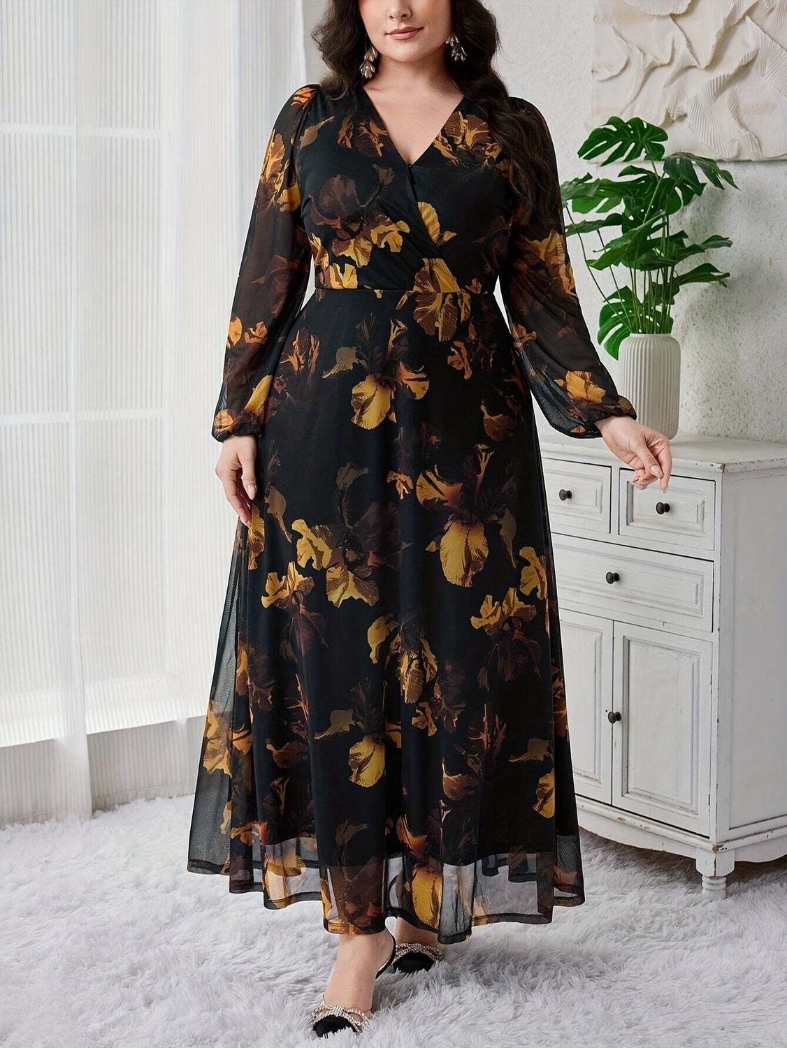 Image of Nautiful Women Wrap Black, Yellow Maxi /Full Length Dress